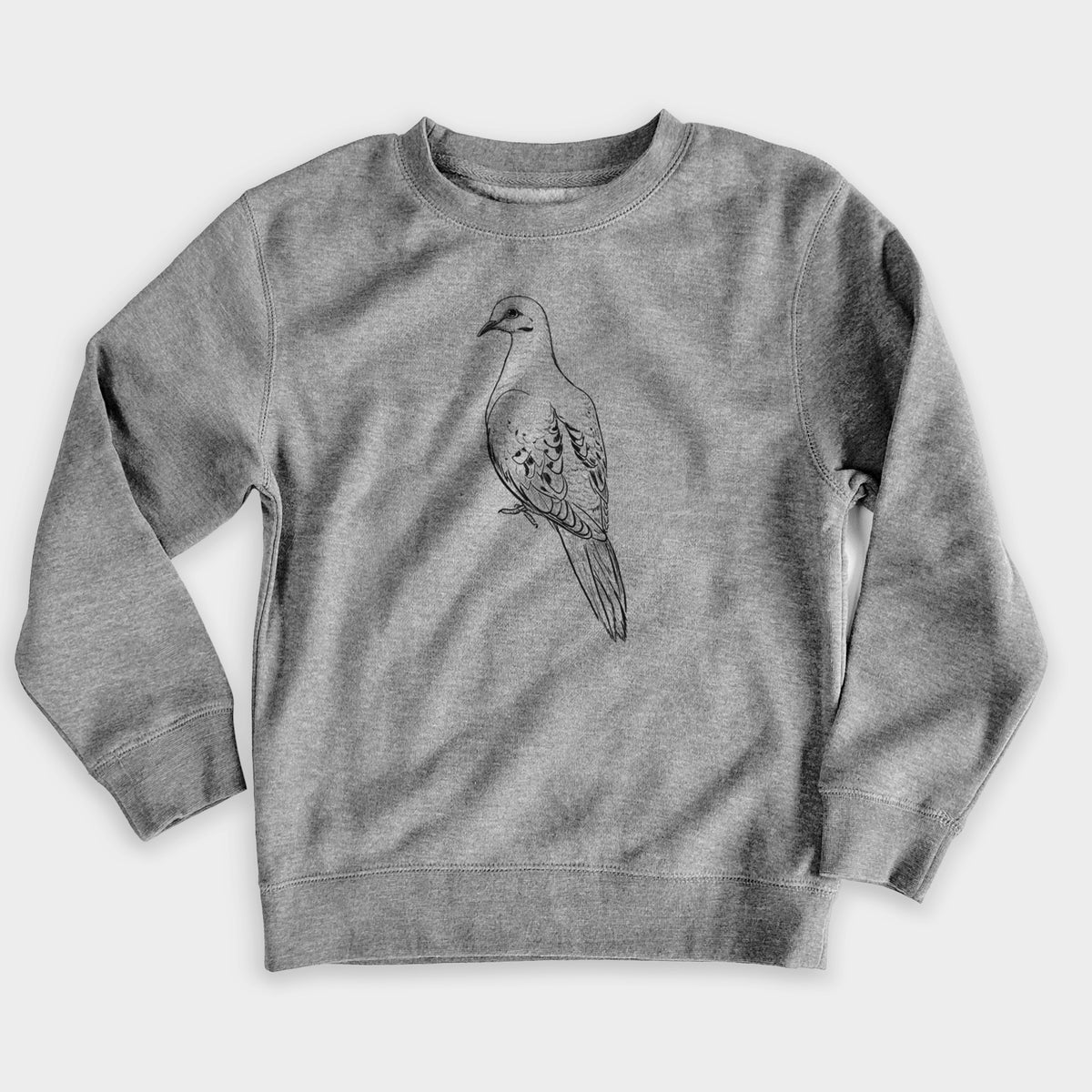 Nickel grey youth crewneck sweatshirt laid flat, printed with a detailed black ink sketch of a mourning dove perched.