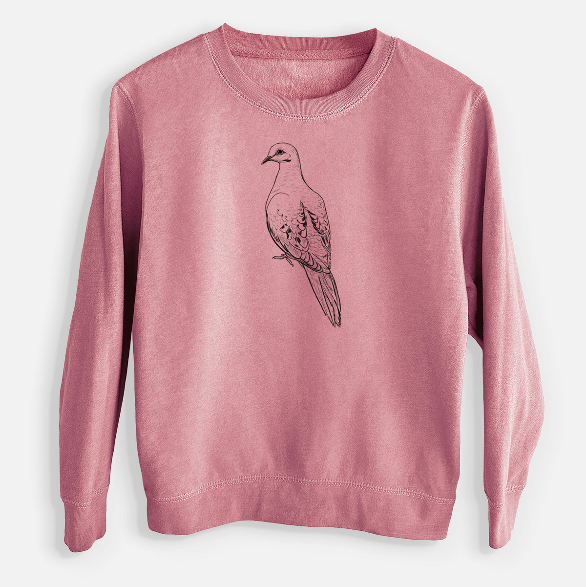 Mauve pink youth crewneck sweatshirt laid flat, printed with a detailed black ink sketch of a mourning dove perched.