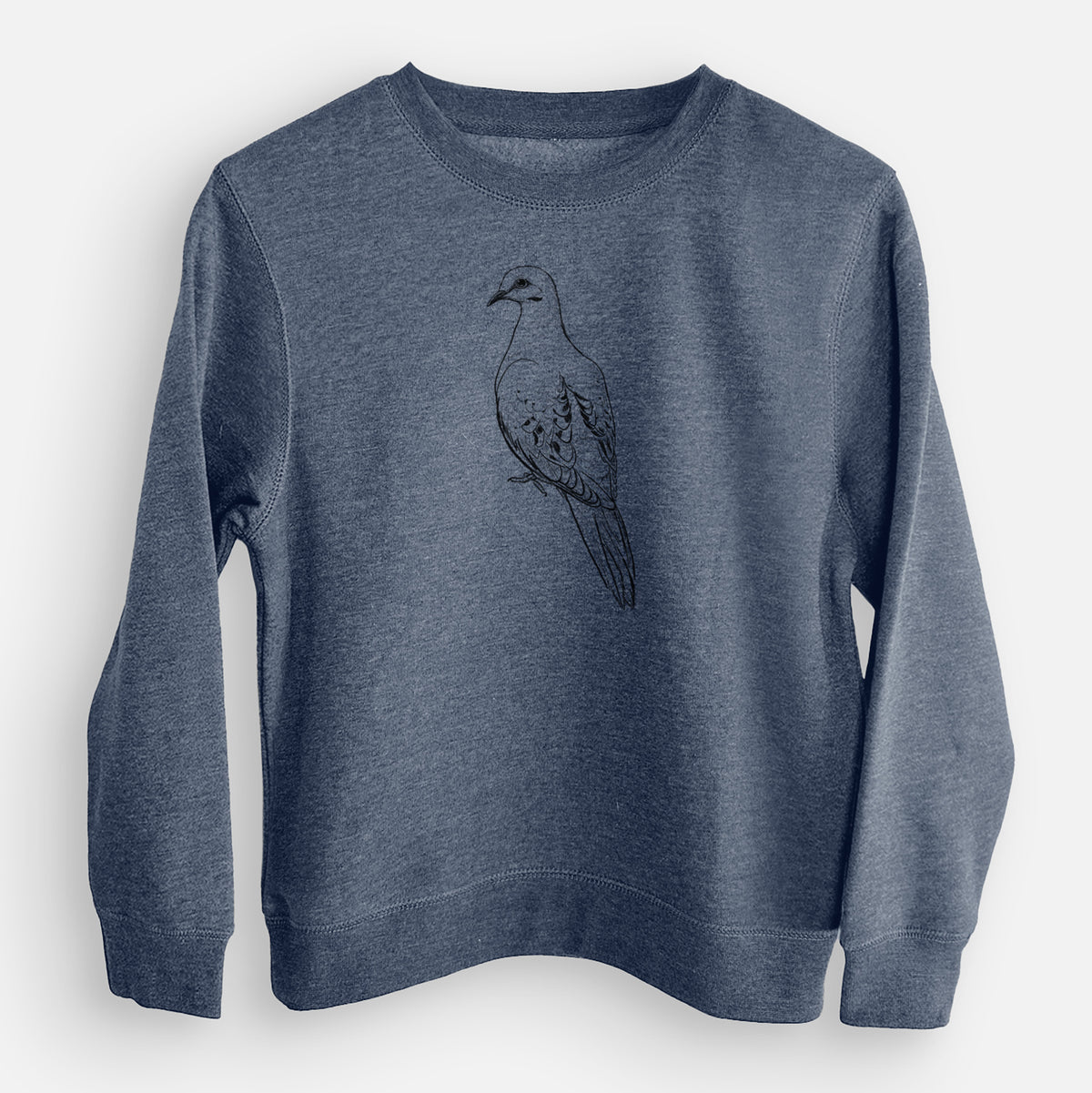 Storm blue youth crewneck sweatshirt laid flat, printed with a detailed black ink sketch of a mourning dove perched.
