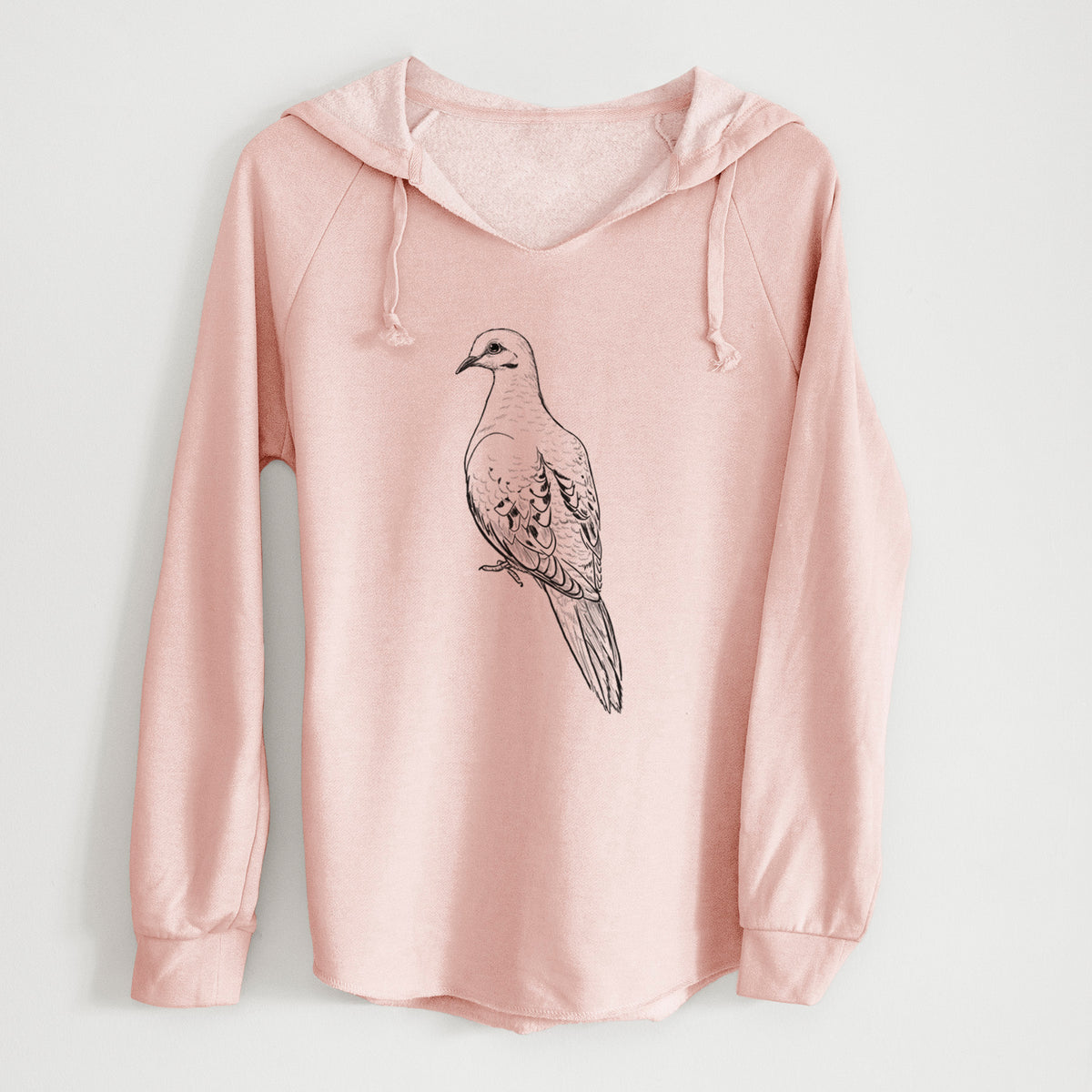 Blush pink women's Cali Wave hooded sweatshirt laid flat, printed with a detailed black ink sketch of a mourning dove perched.