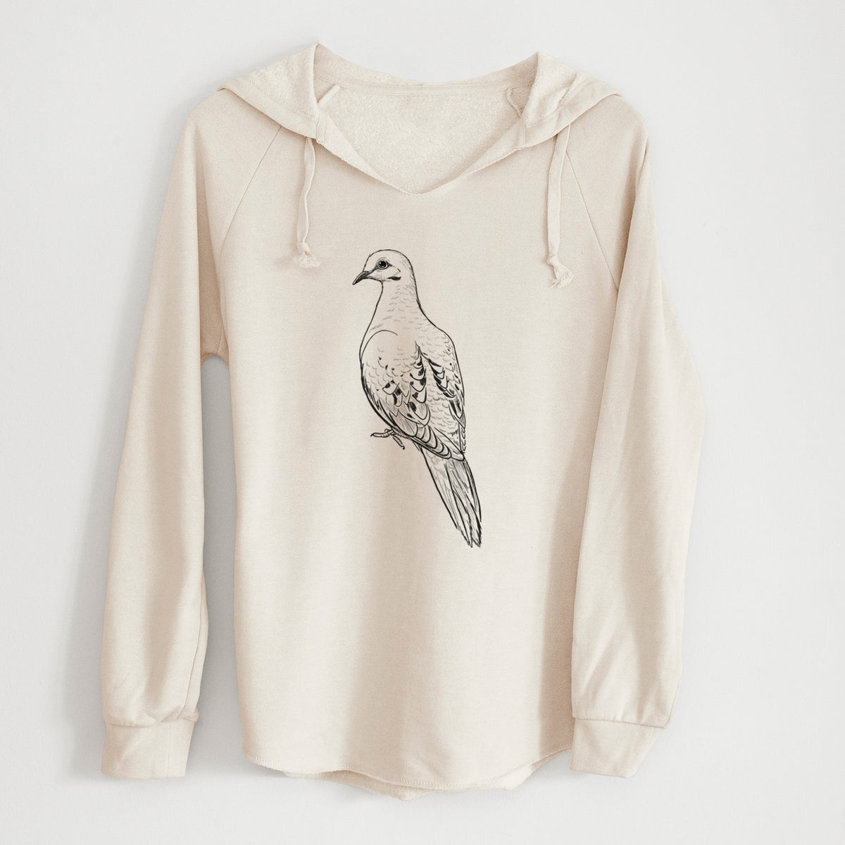 Bone cream women's Cali Wave hooded sweatshirt laid flat, printed with a detailed black ink sketch of a mourning dove perched.