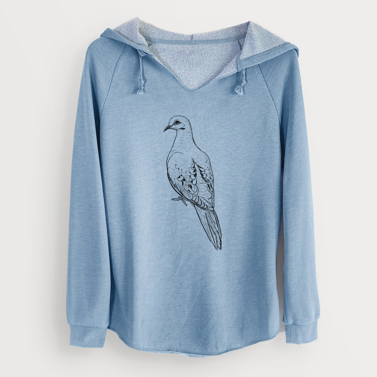 Misty blue women's Cali Wave hooded sweatshirt laid flat, printed with a detailed black ink sketch of a mourning dove perched.
