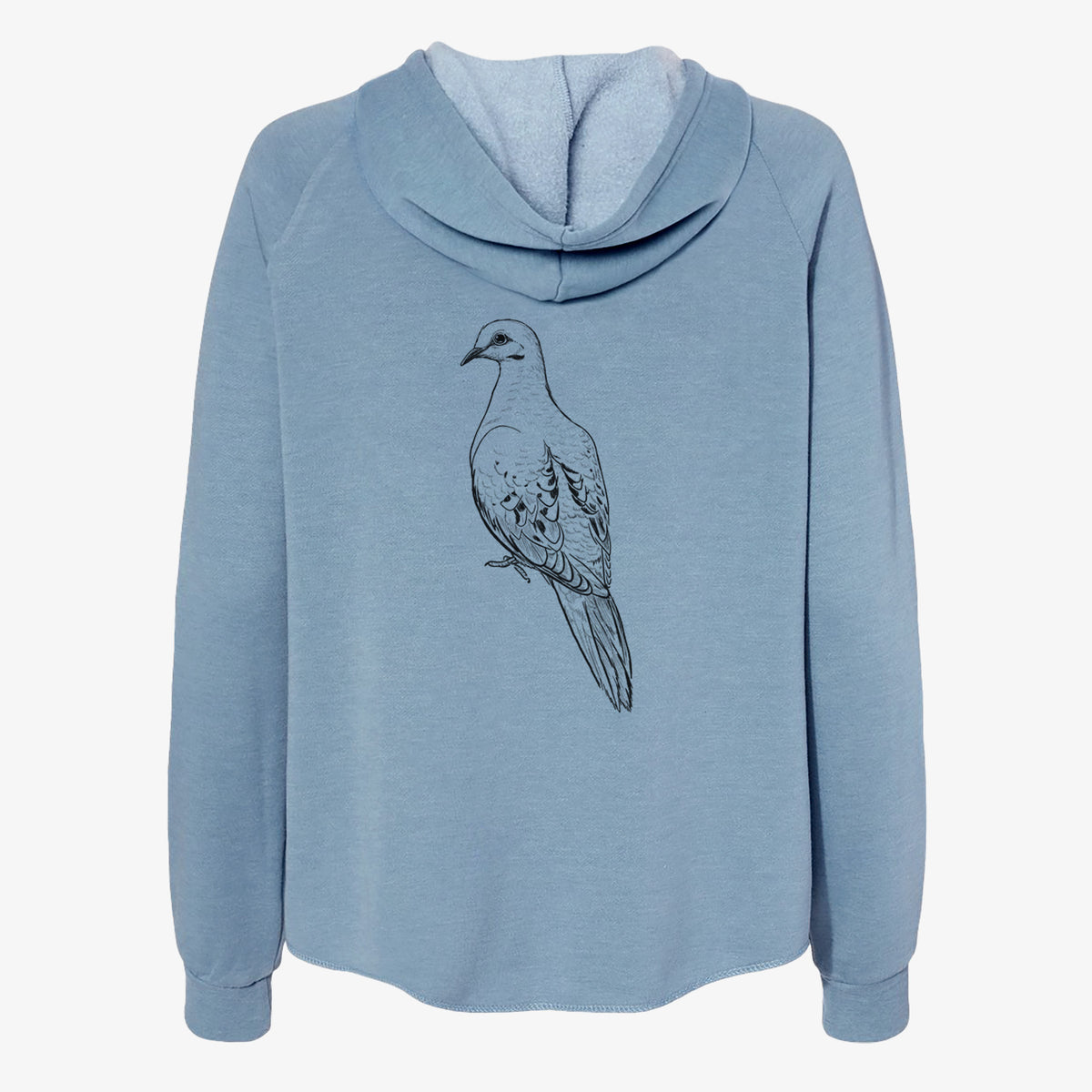 Misty blue women's Cali Wave zip-up sweatshirt laid flat, printed with a detailed black ink sketch of a mourning dove perched.