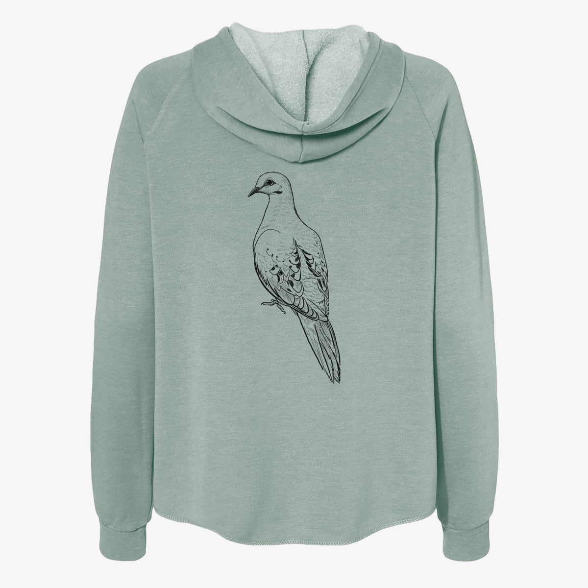 Sage green women's Cali Wave zip-up sweatshirt laid flat, printed with a detailed black ink sketch of a mourning dove perched.