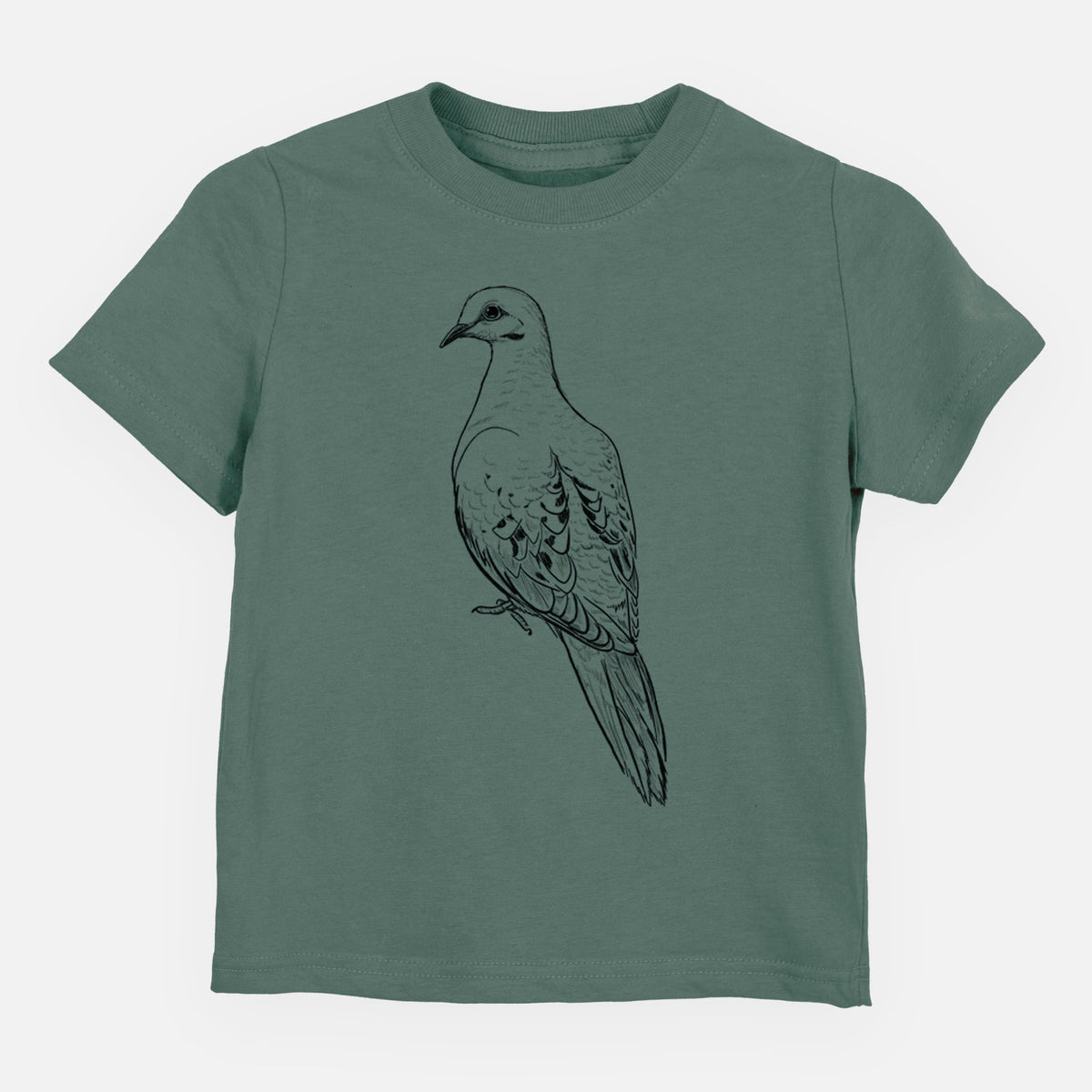 Basil green toddler t-shirt laid flat, printed with a detailed black ink sketch of a mourning dove perched.