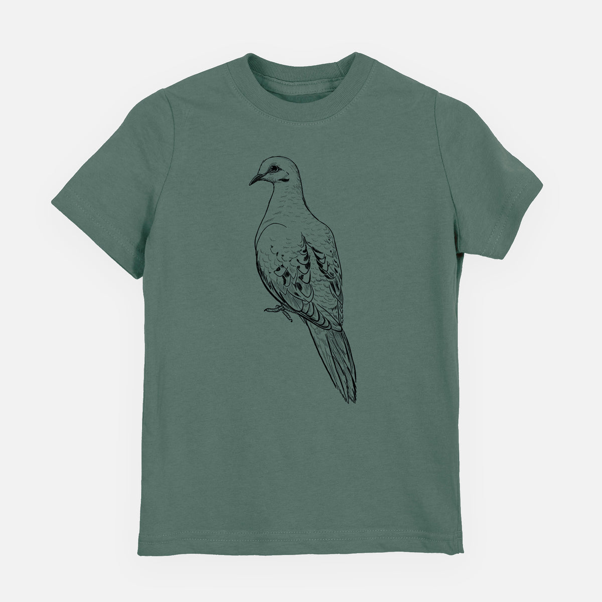 Basil green youth t-shirt laid flat, printed with a detailed black ink sketch of a mourning dove perched.