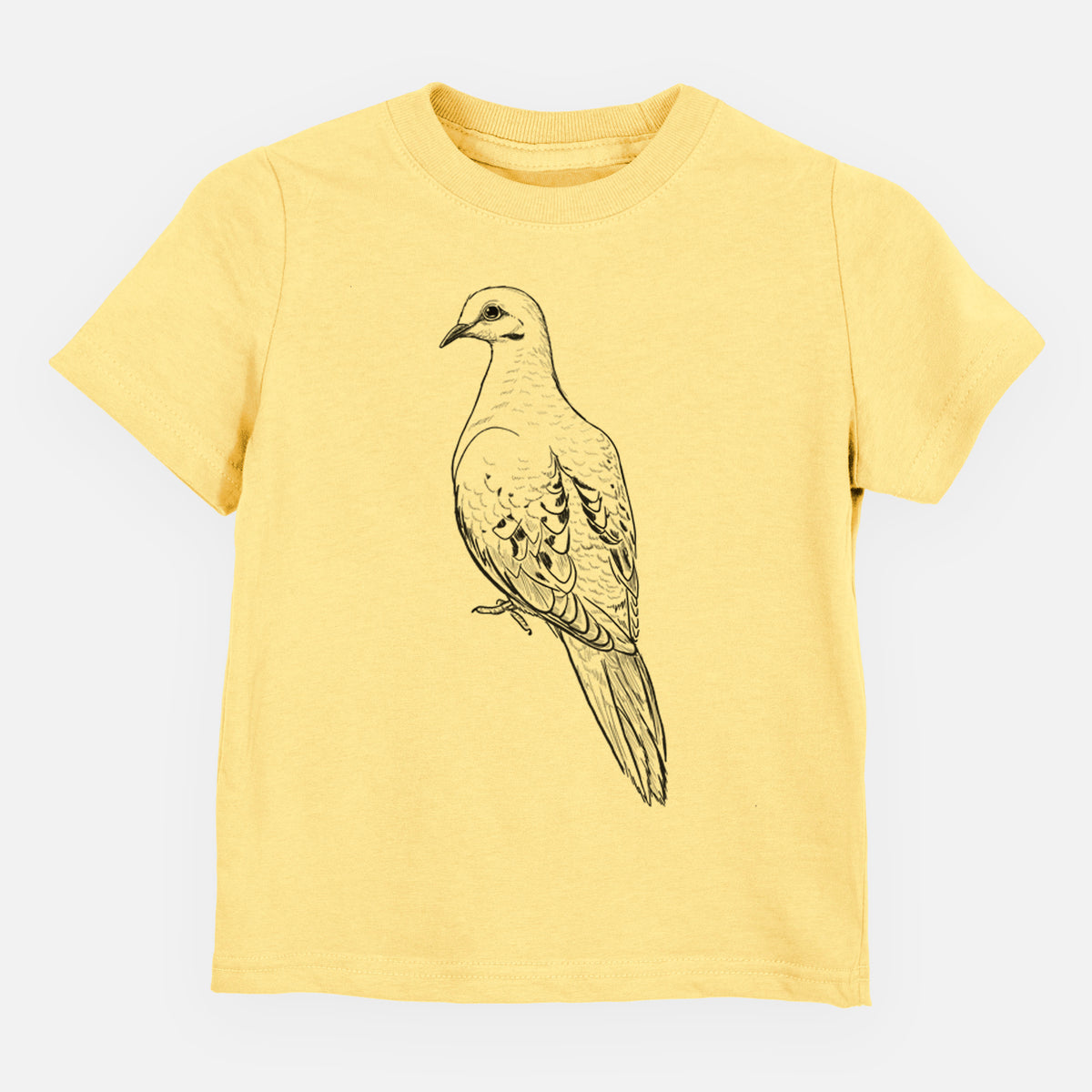 Butter yellow toddler t-shirt laid flat, printed with a detailed black ink sketch of a mourning dove perched.