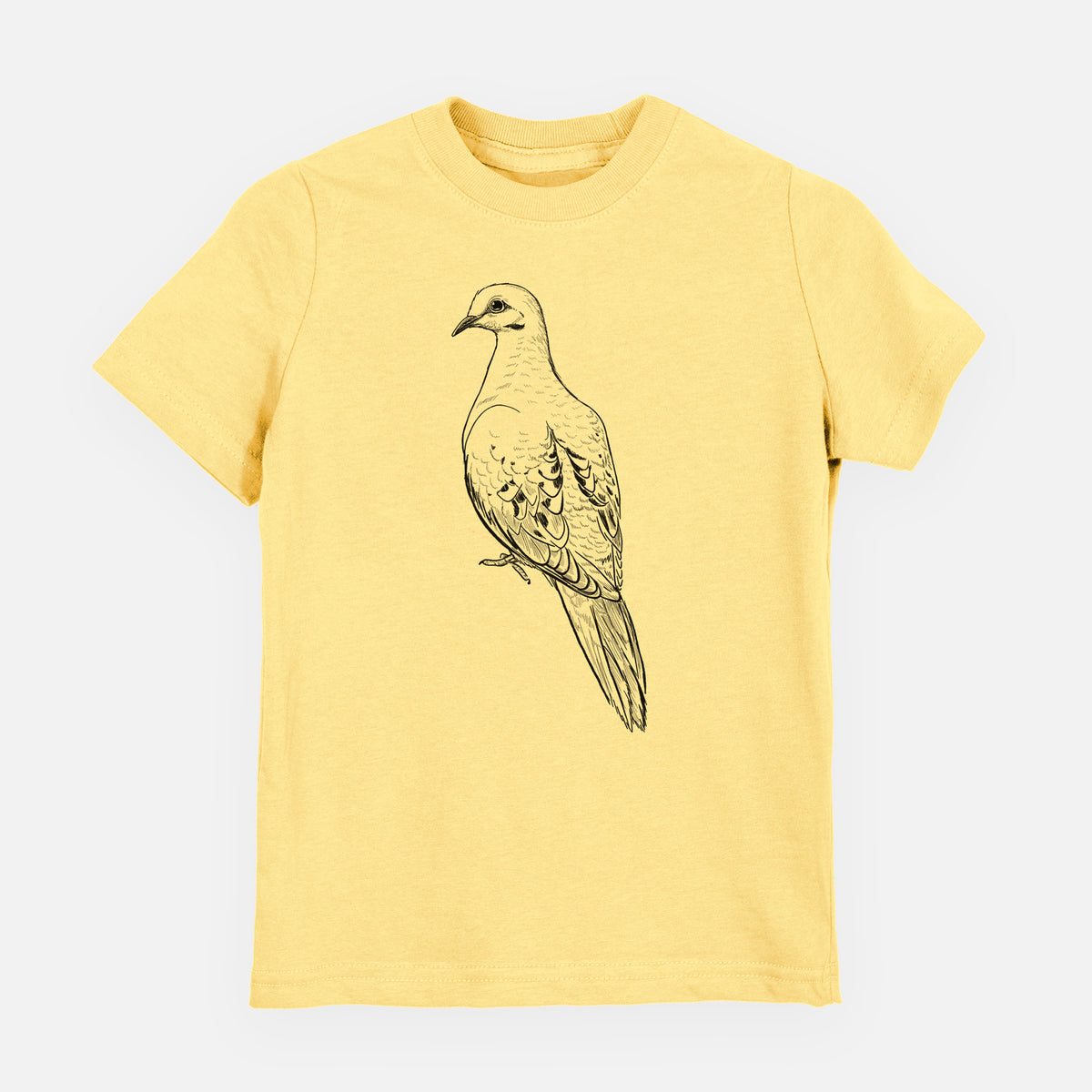 Butter yellow youth t-shirt laid flat, printed with a detailed black ink sketch of a mourning dove perched.