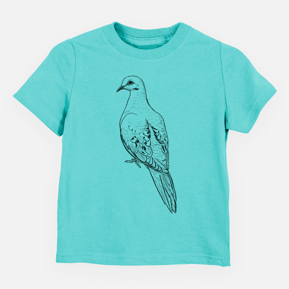 Caribbean blue toddler t-shirt laid flat, printed with a detailed black ink sketch of a mourning dove perched.