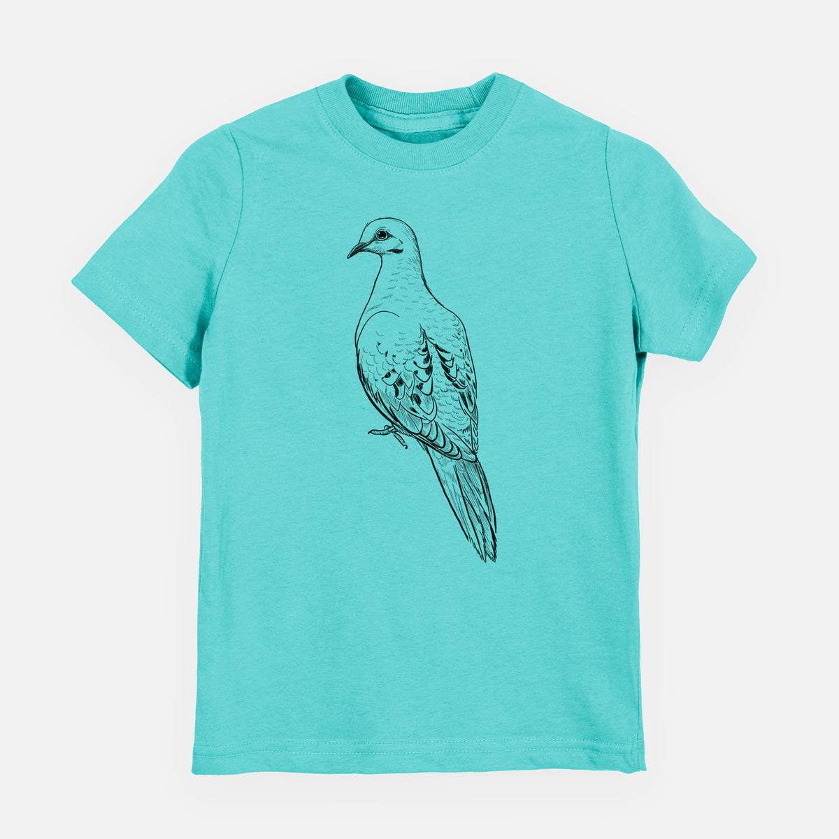 Caribbean blue youth t-shirt laid flat, printed with a detailed black ink sketch of a mourning dove perched.