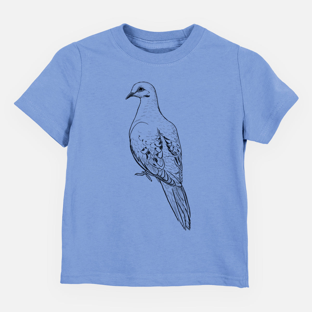 Carolina blue toddler t-shirt laid flat, printed with a detailed black ink sketch of a mourning dove perched.