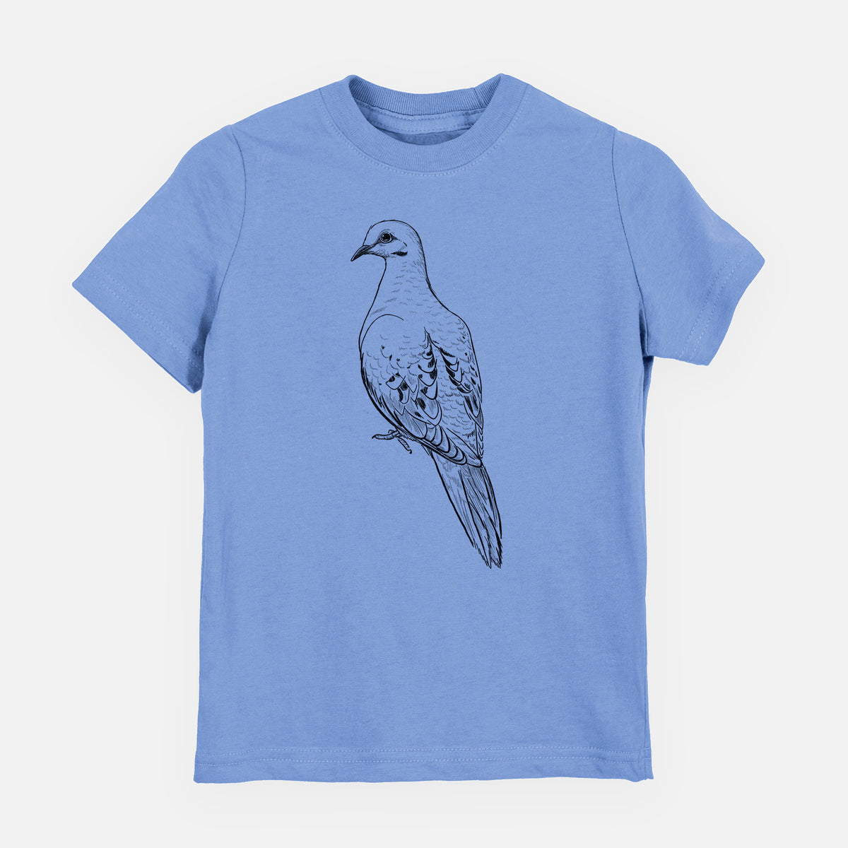 Carolina blue youth t-shirt laid flat, printed with a detailed black ink sketch of a mourning dove perched.