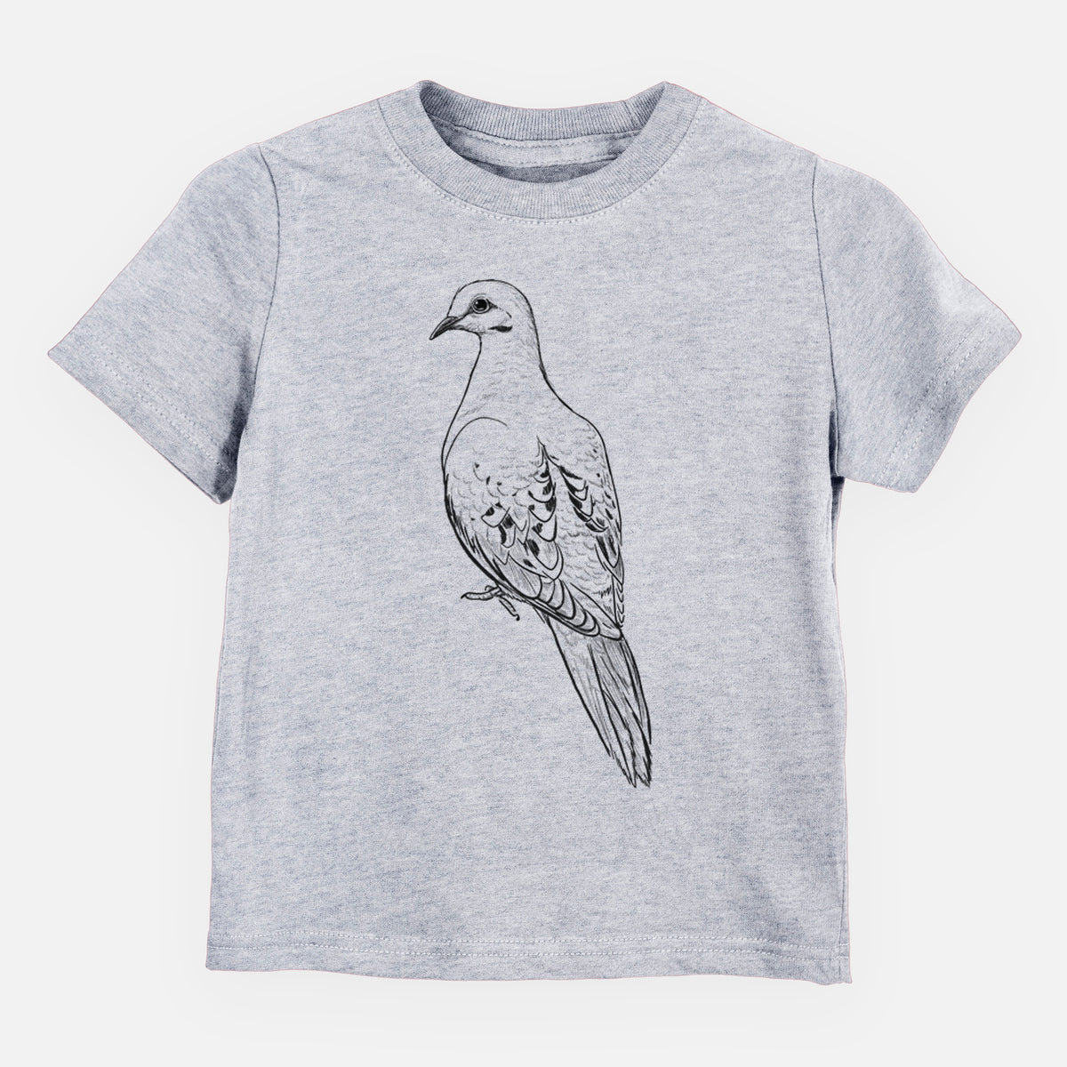 Heather grey toddler t-shirt laid flat, printed with a detailed black ink sketch of a mourning dove perched.