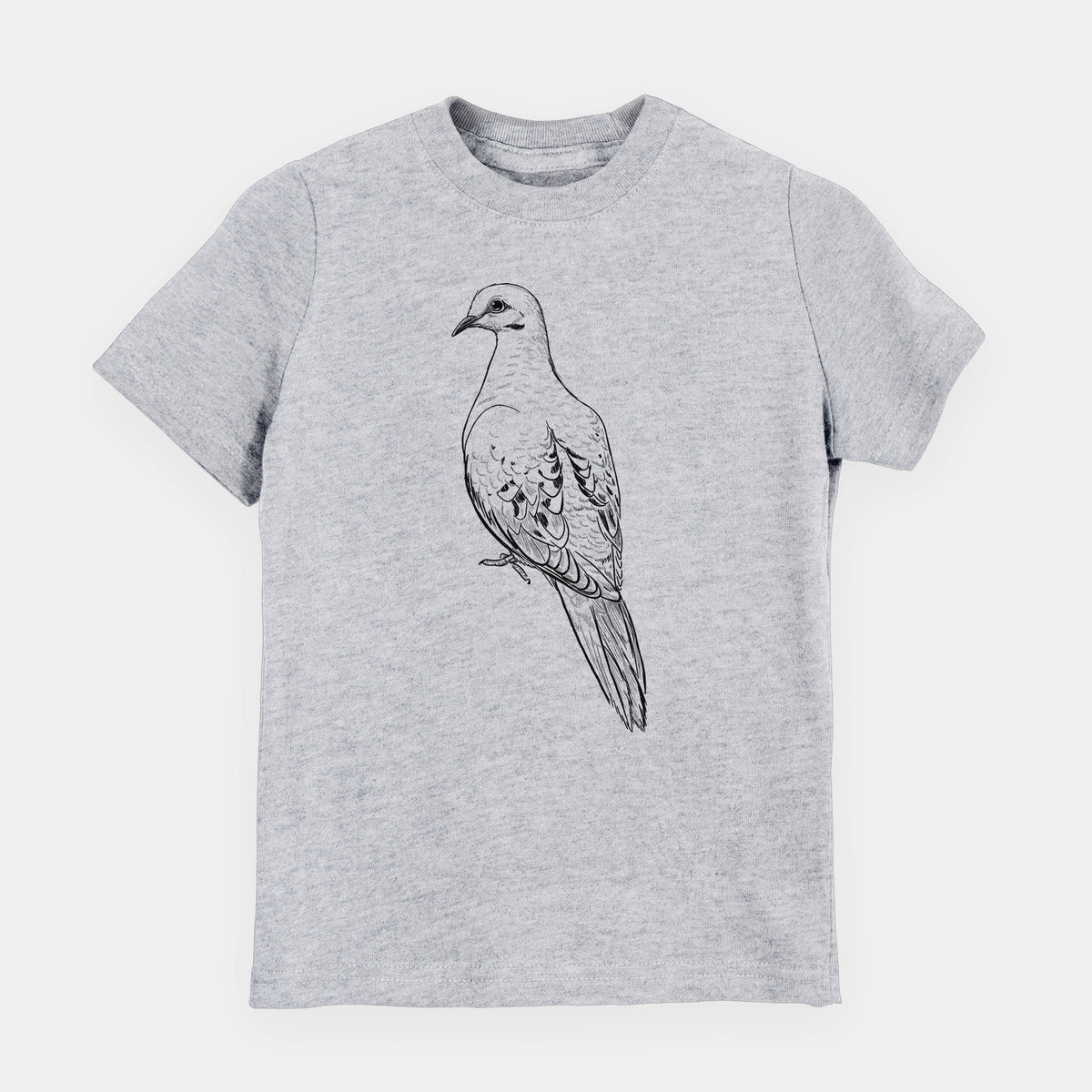 Heather grey youth t-shirt laid flat, printed with a detailed black ink sketch of a mourning dove perched.