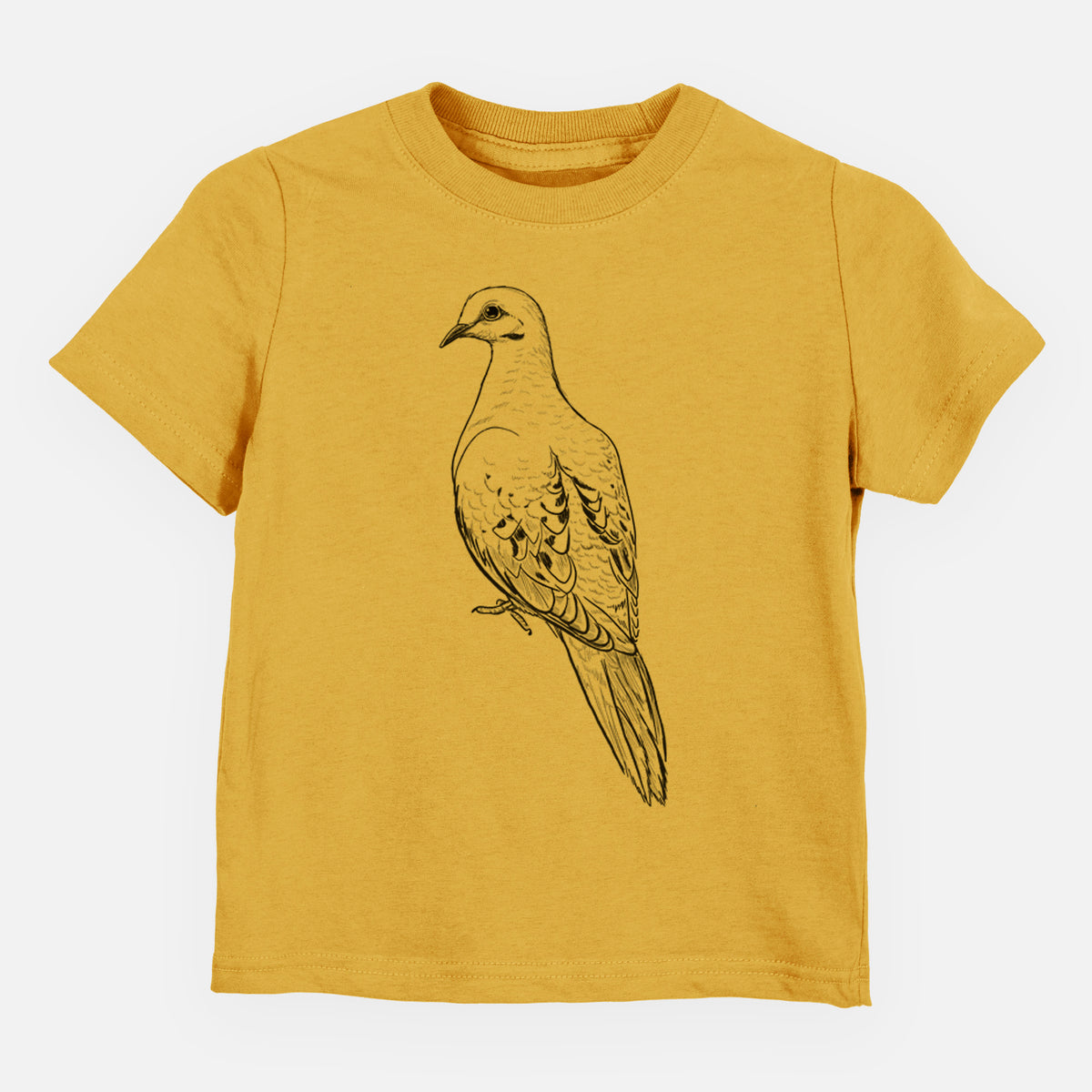 Honeycomb yellow toddler t-shirt laid flat, printed with a detailed black ink sketch of a mourning dove perched.