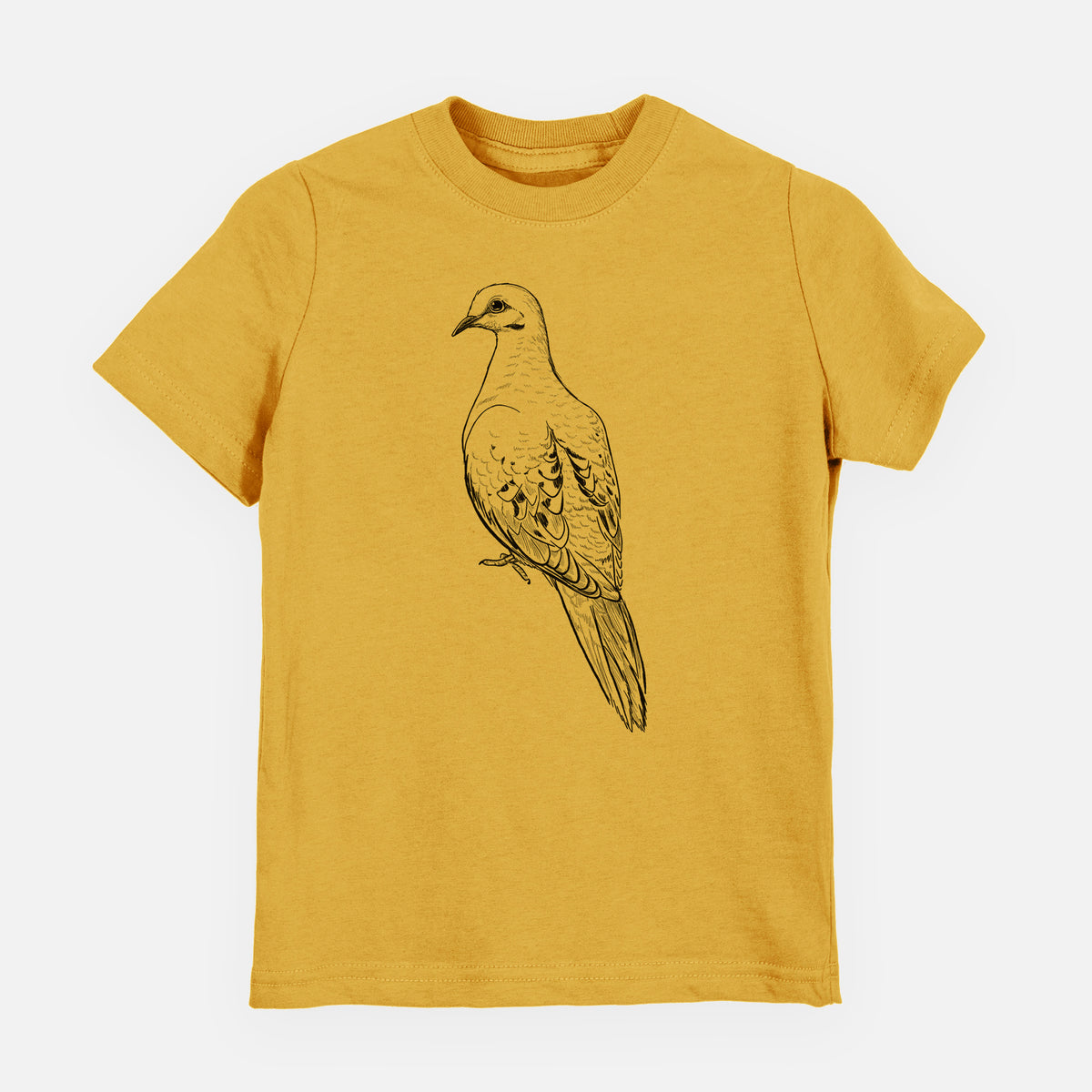 Honeycomb yellow youth t-shirt laid flat, printed with a detailed black ink sketch of a mourning dove perched.