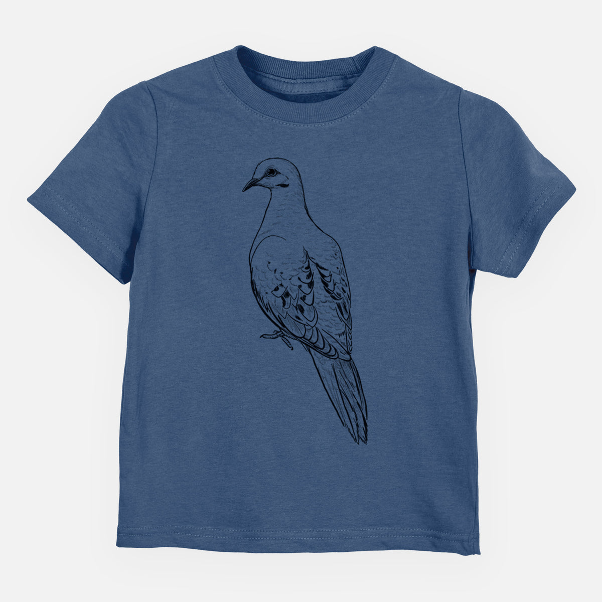 Indigo blue toddler t-shirt laid flat, printed with a detailed black ink sketch of a mourning dove perched.