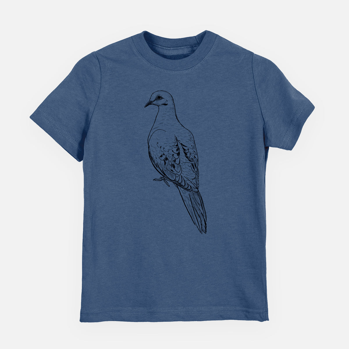 Indigo blue youth t-shirt laid flat, printed with a detailed black ink sketch of a mourning dove perched.