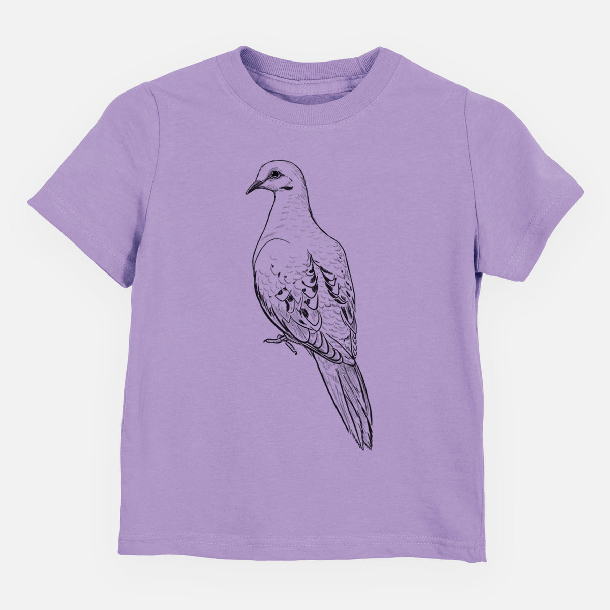 Lavender toddler t-shirt laid flat, printed with a detailed black ink sketch of a mourning dove perched.