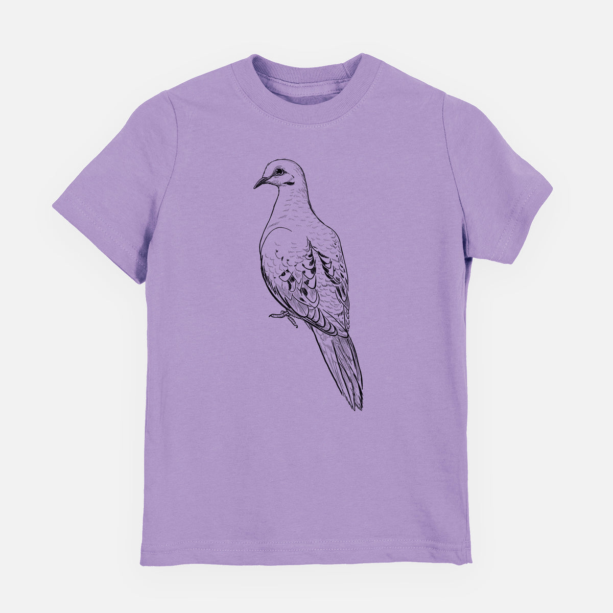 Lavender youth t-shirt laid flat, printed with a detailed black ink sketch of a mourning dove perched.