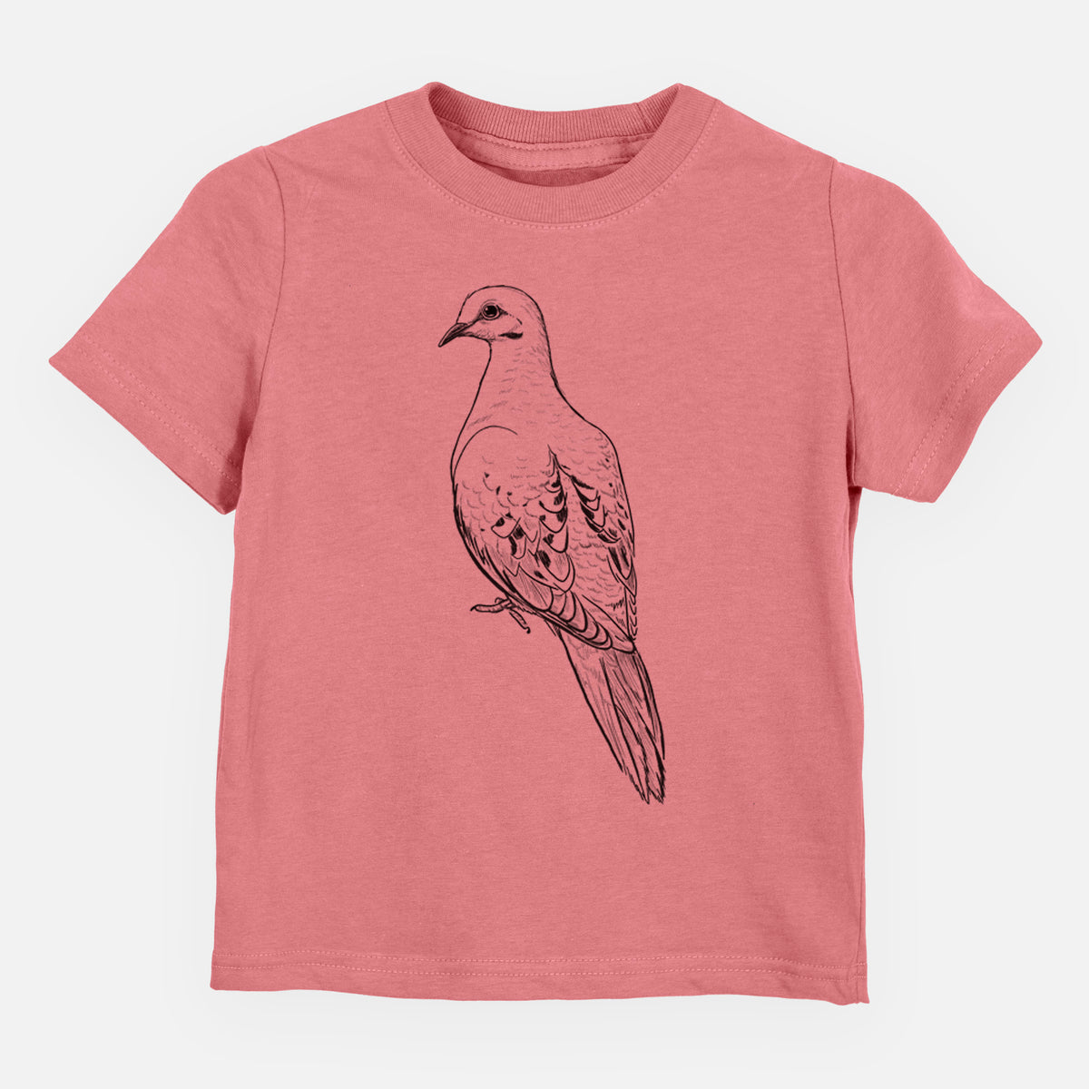 Mauve pink toddler t-shirt laid flat, printed with a detailed black ink sketch of a mourning dove perched.