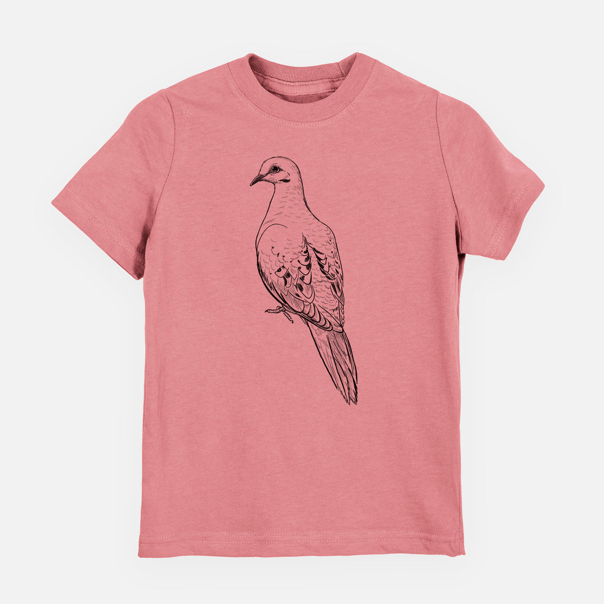 Mauve pink youth t-shirt laid flat, printed with a detailed black ink sketch of a mourning dove perched.