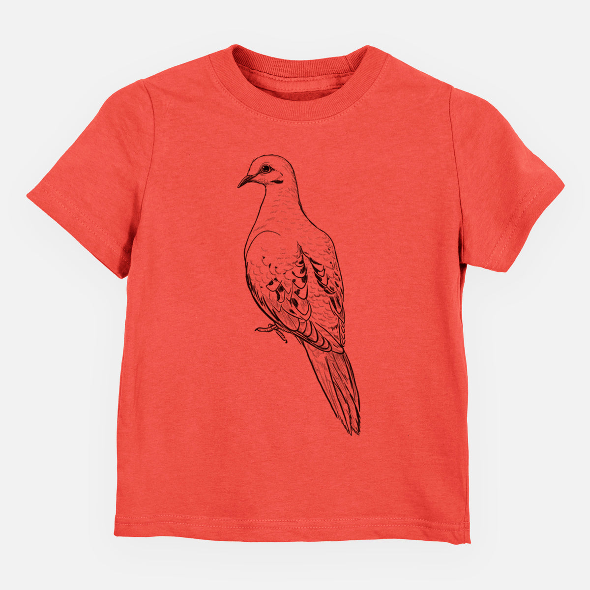 Passionfruit pink toddler t-shirt laid flat, printed with a detailed black ink sketch of a mourning dove perched.