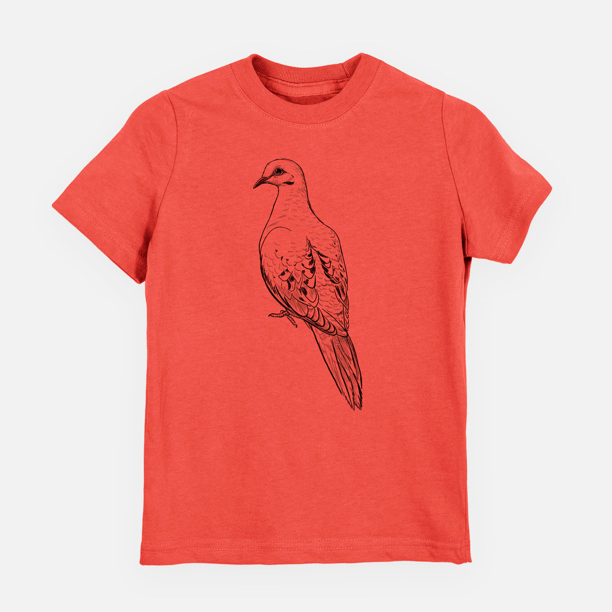 Passionfruit pink youth t-shirt laid flat, printed with a detailed black ink sketch of a mourning dove perched.