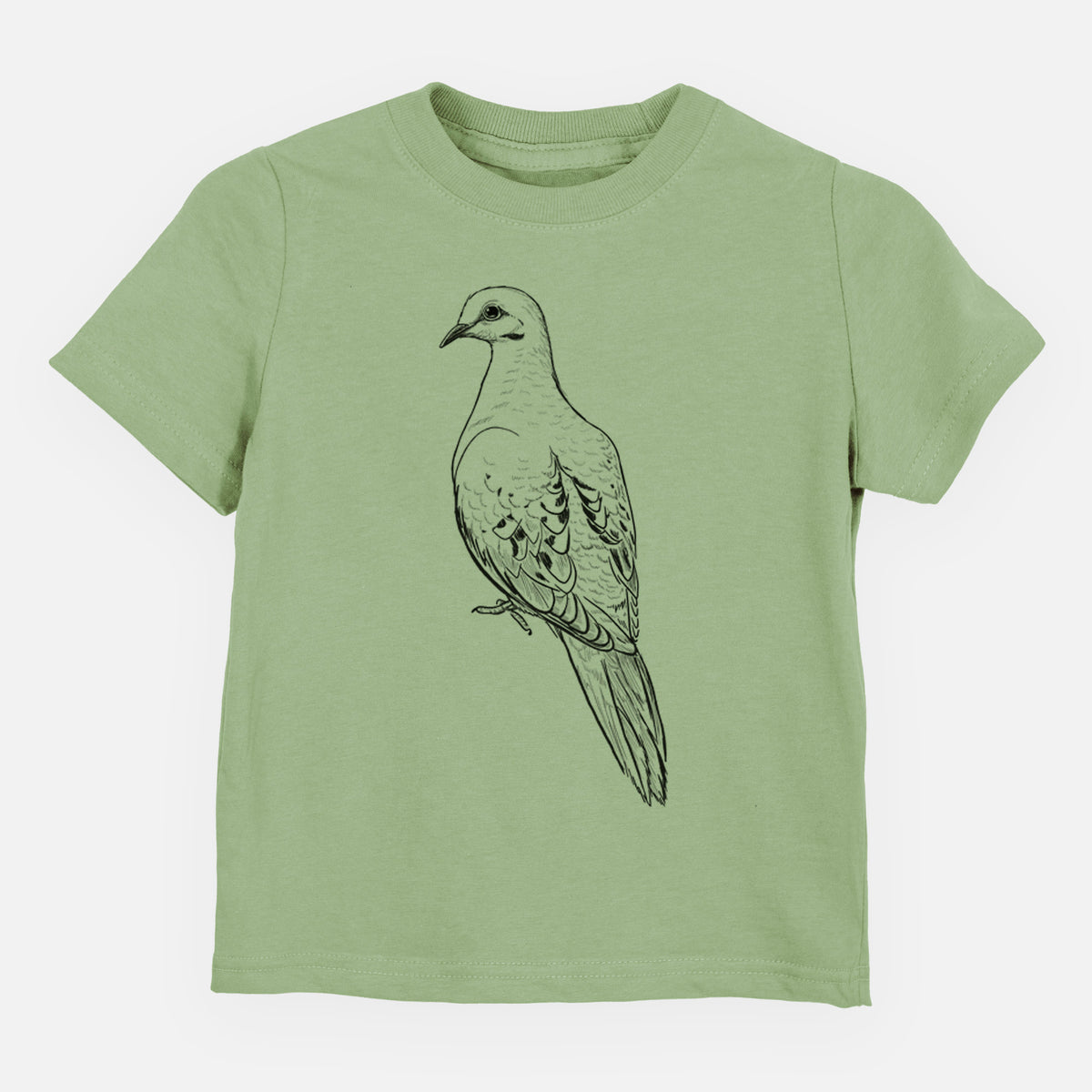 Sage green toddler t-shirt laid flat, printed with a detailed black ink sketch of a mourning dove perched.