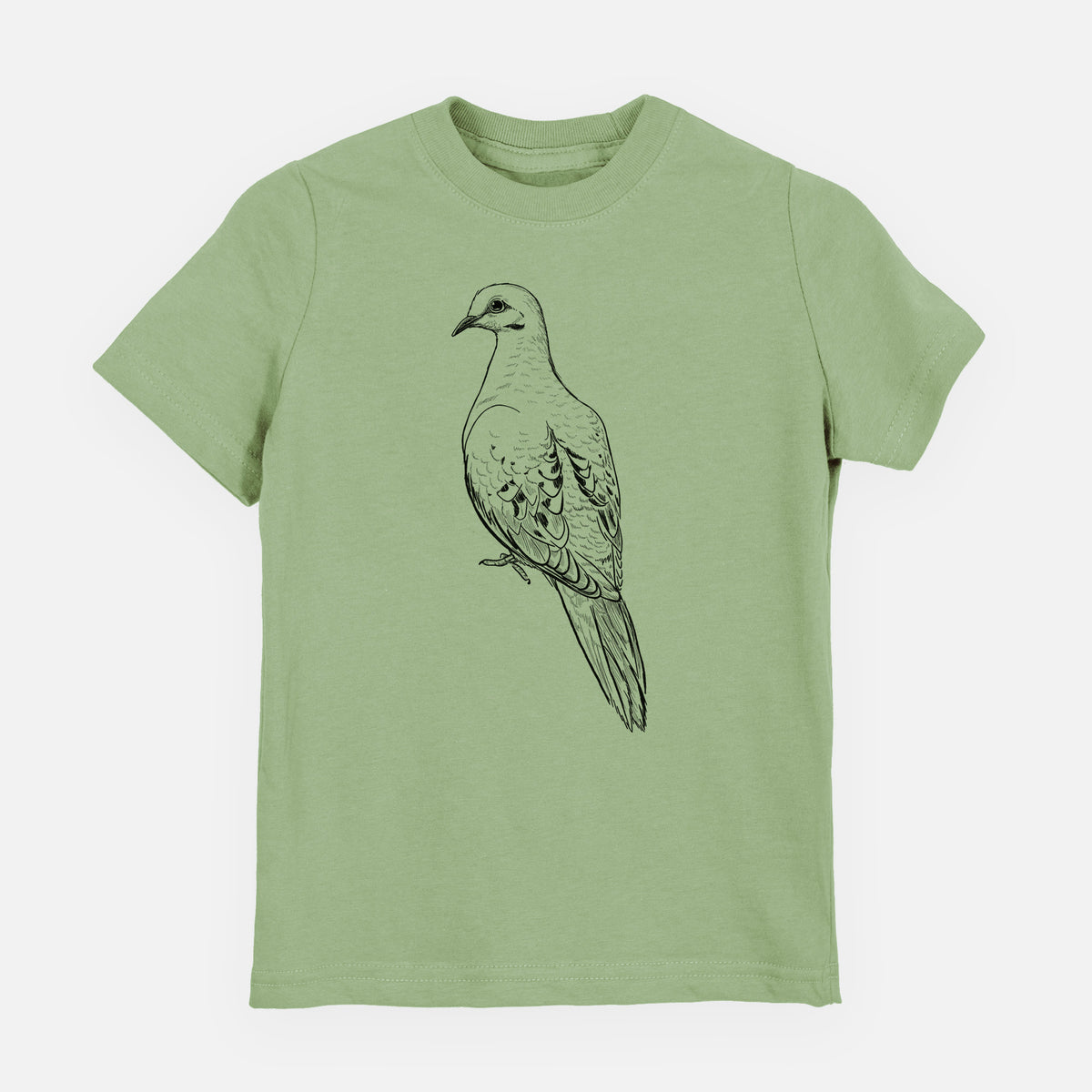 Sage green youth t-shirt laid flat, printed with a detailed black ink sketch of a mourning dove perched.