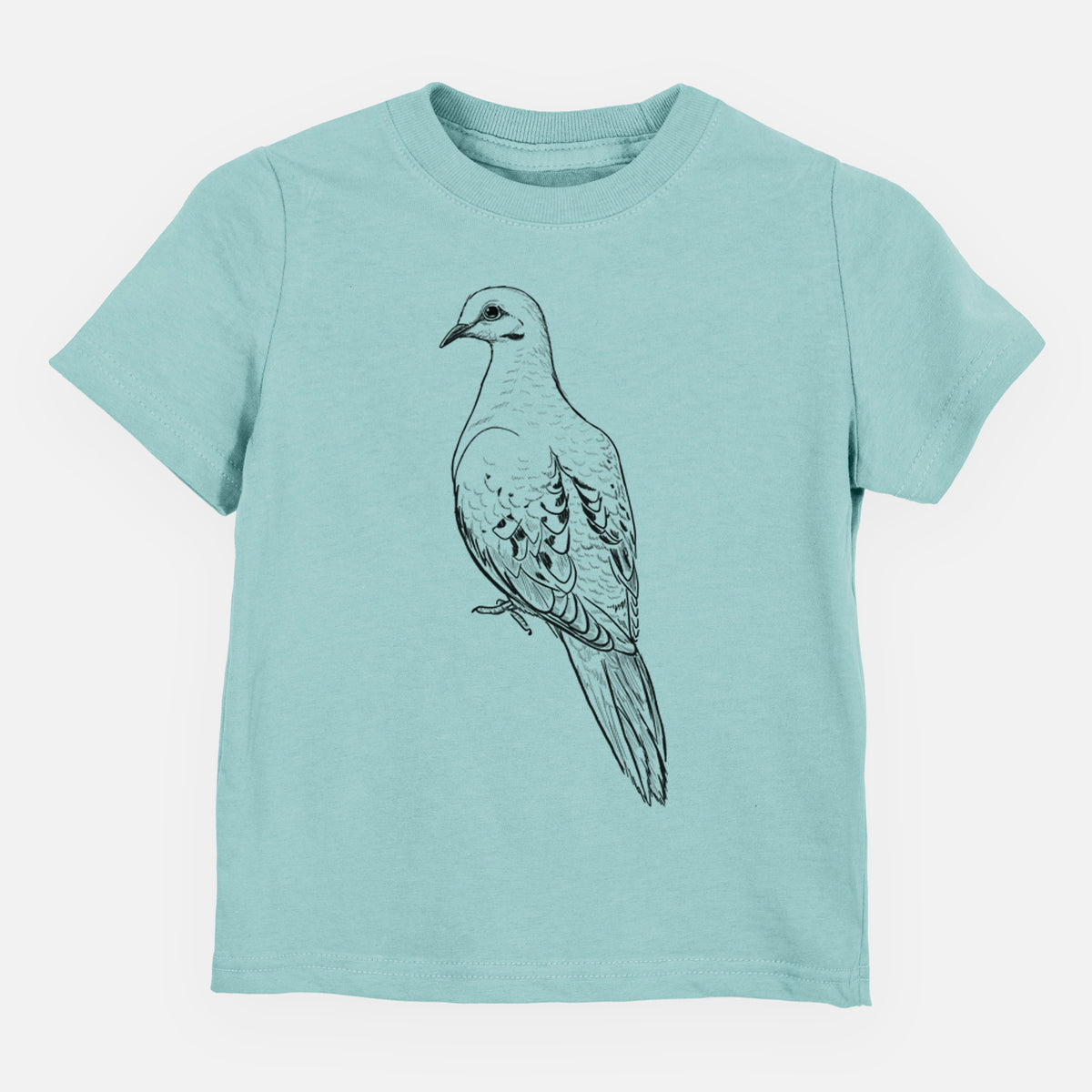 Saltwater toddler t-shirt laid flat, printed with a detailed black ink sketch of a mourning dove perched.