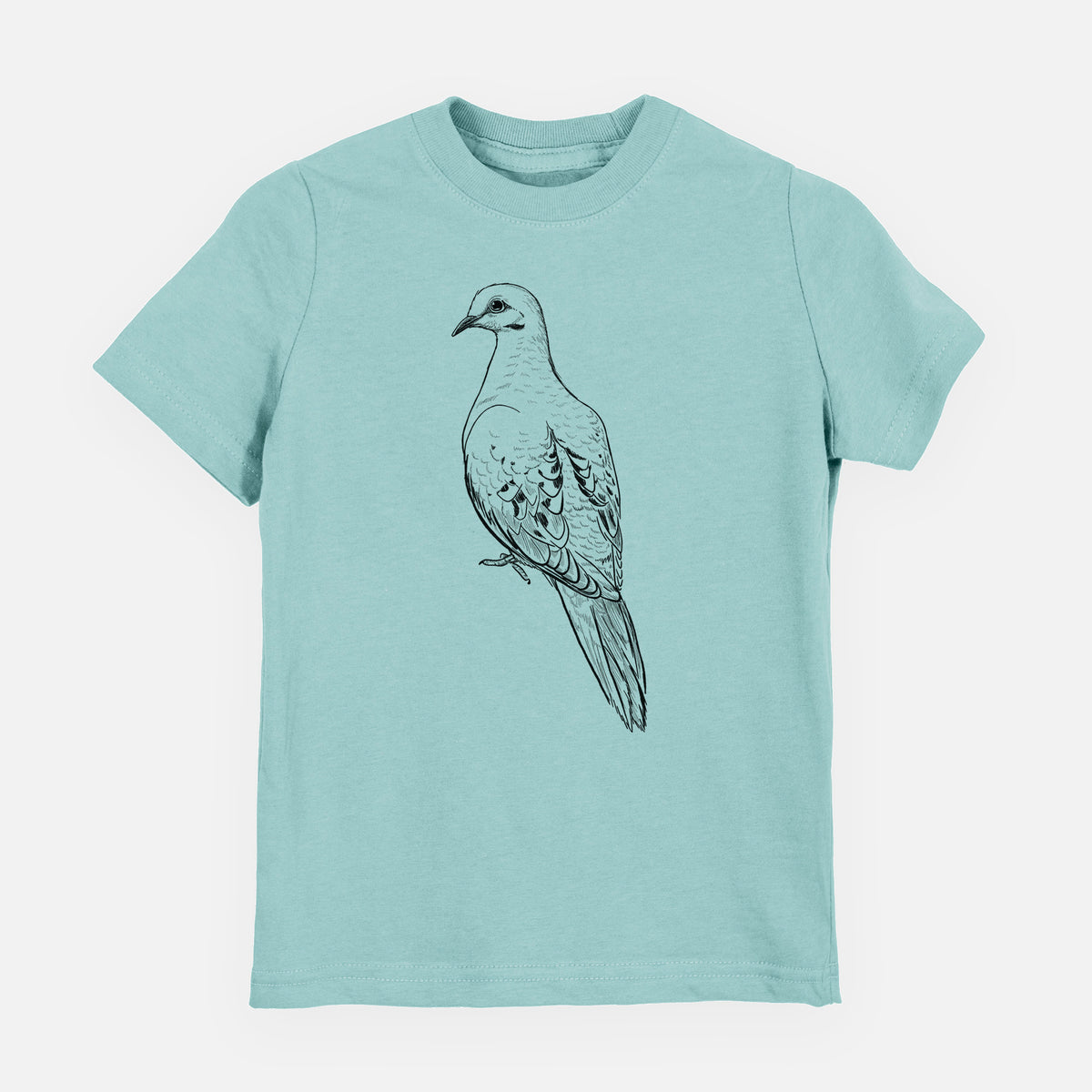 Saltwater youth t-shirt laid flat, printed with a detailed black ink sketch of a mourning dove perched.