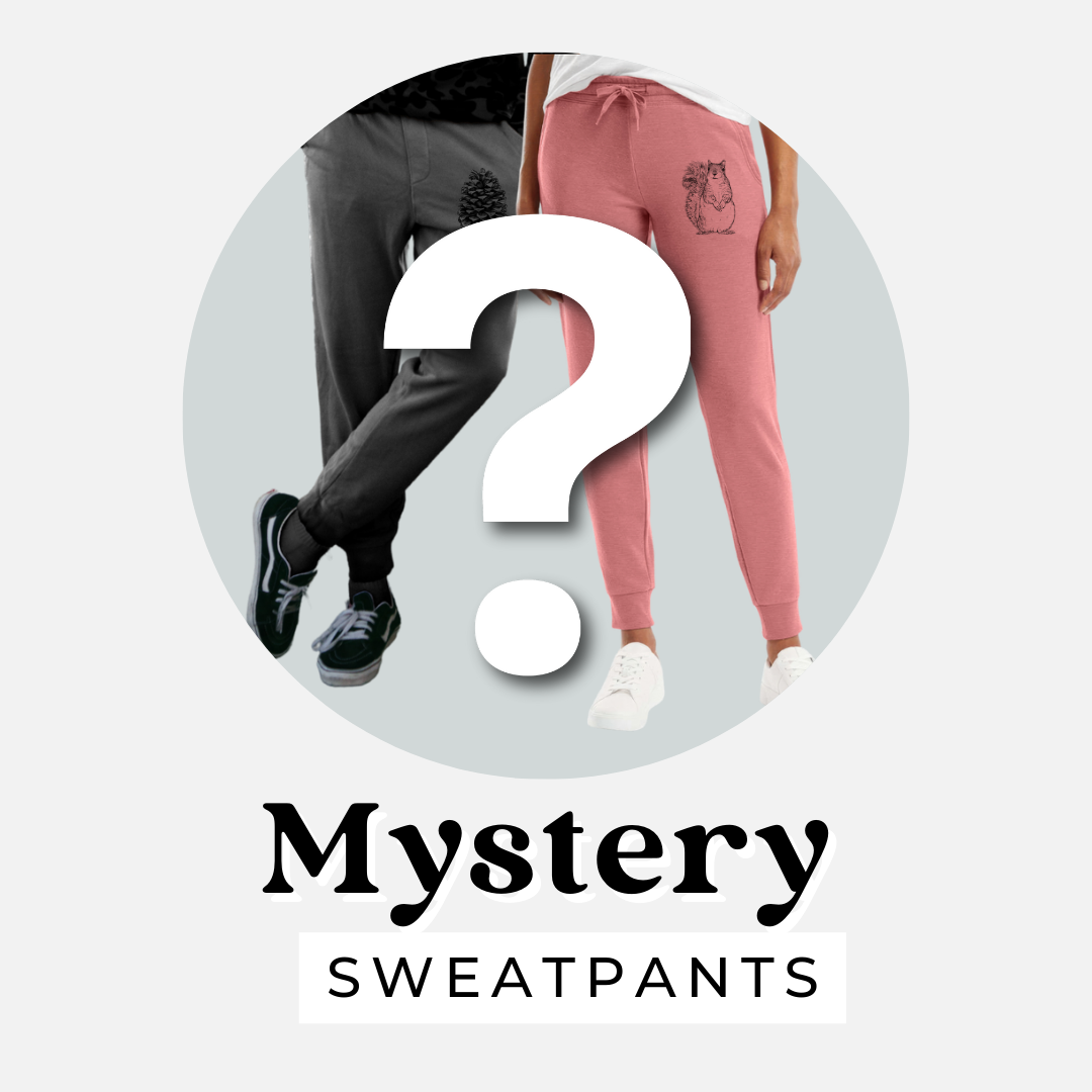 Mystery sweatpants: grey and pink jogger sweatpants with small nature illustrations behind a question mark.