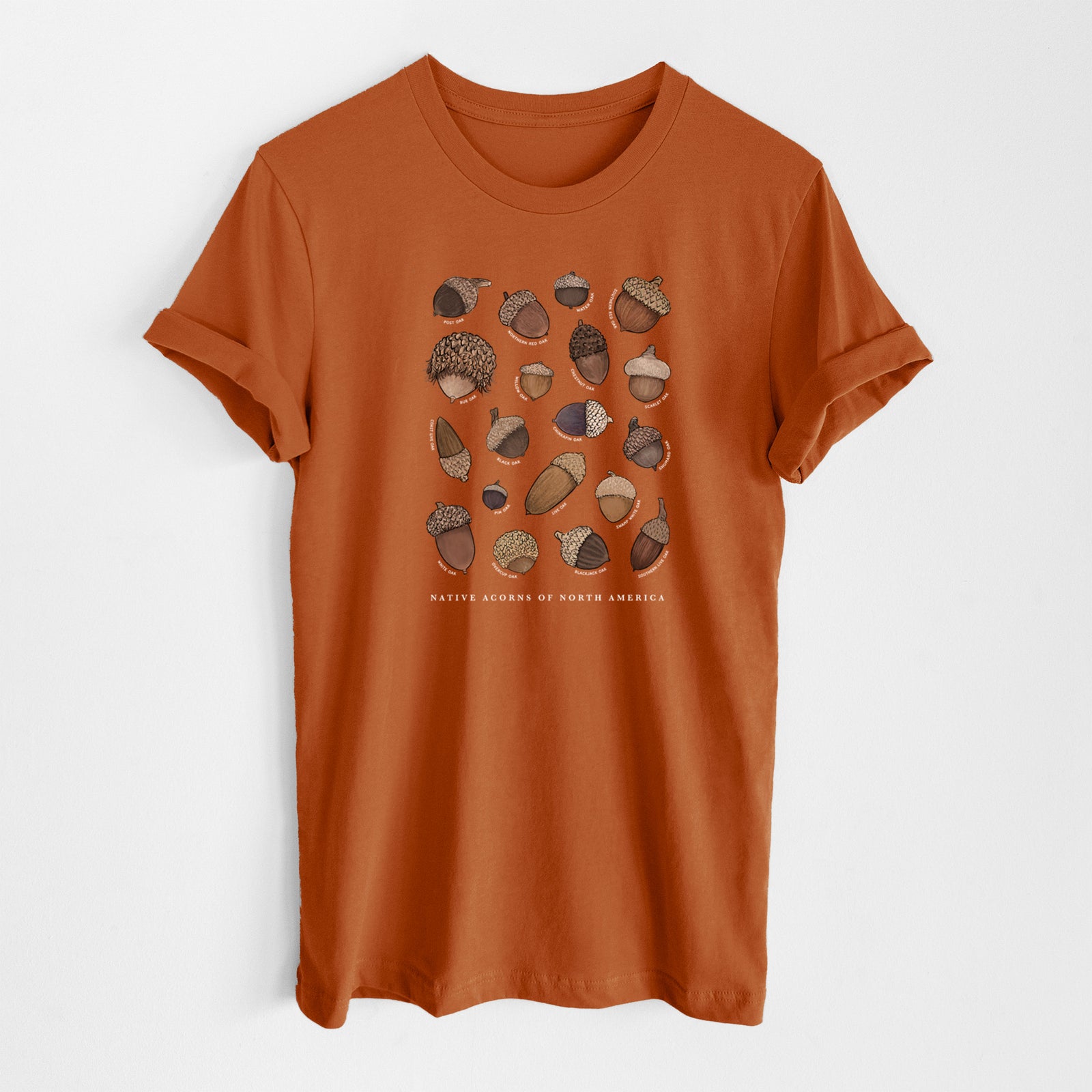 Autumn lightweight cotton t-shirt laid flat, printed with a full-color chart of North American acorns, each labeled with its oak species.