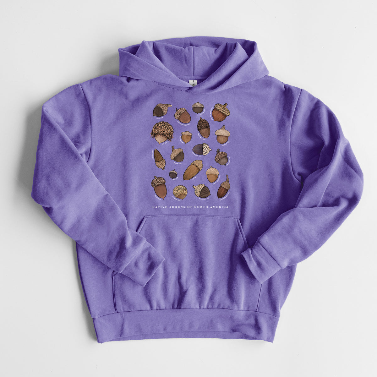 Native Acorns of North America - Statement Midweight Hoodie in Violet, laid flat, showing the oversized boxy fit and front kangaroo pocket.