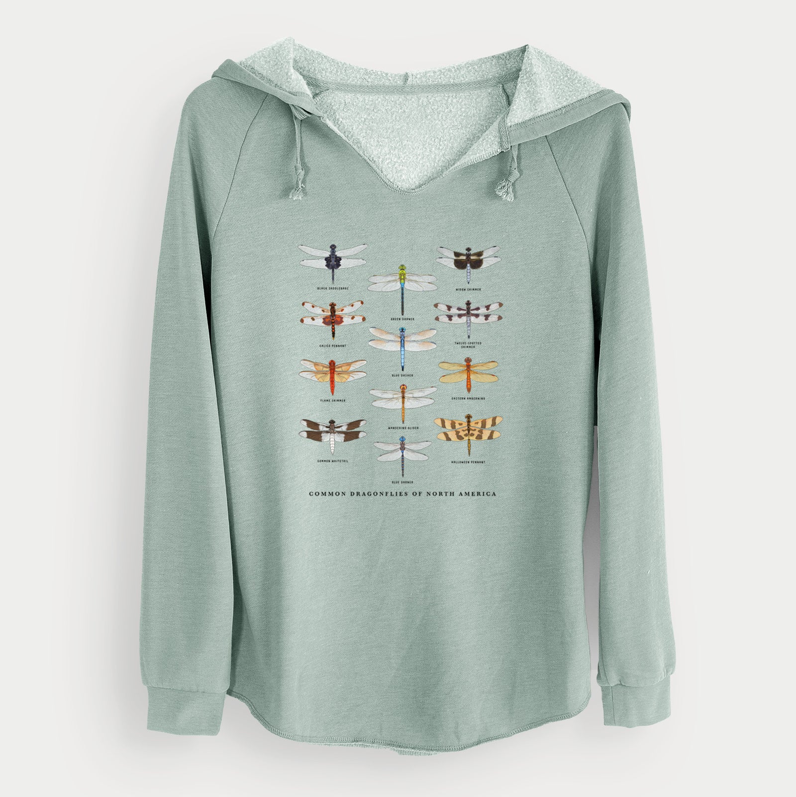 Sage green women's Cali Wave hooded sweatshirt laid flat, printed with a full-color chart of North American dragonflies, each labeled with its species.