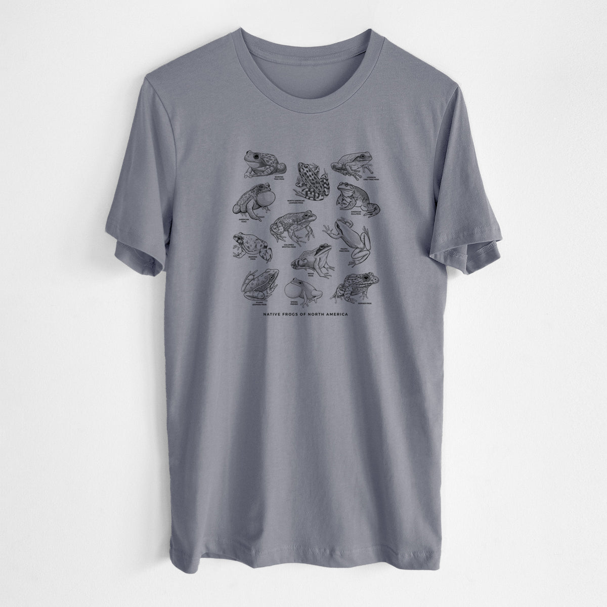 Storm grey lightweight cotton t-shirt laid flat, printed with a chart of black ink illustrations of North American frog species.