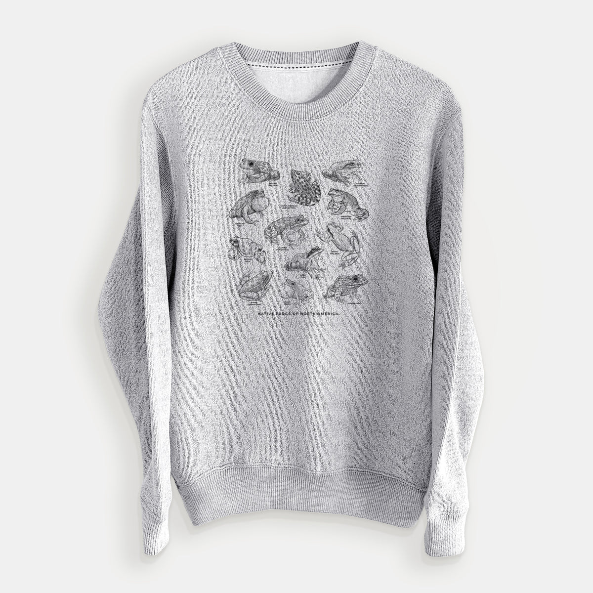 Salt and pepper knit sweatshirt laid flat, printed with a chart of black ink illustrations of North American frog species.