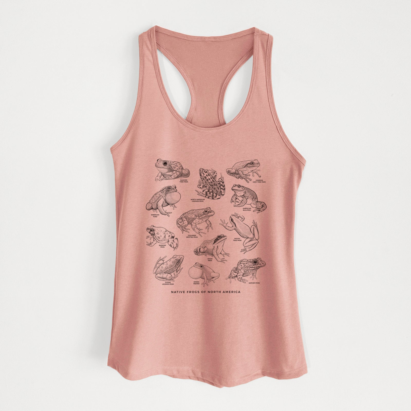 Desert pink women's racerback tank top laid flat, printed with a chart of black ink illustrations of North American frog species.