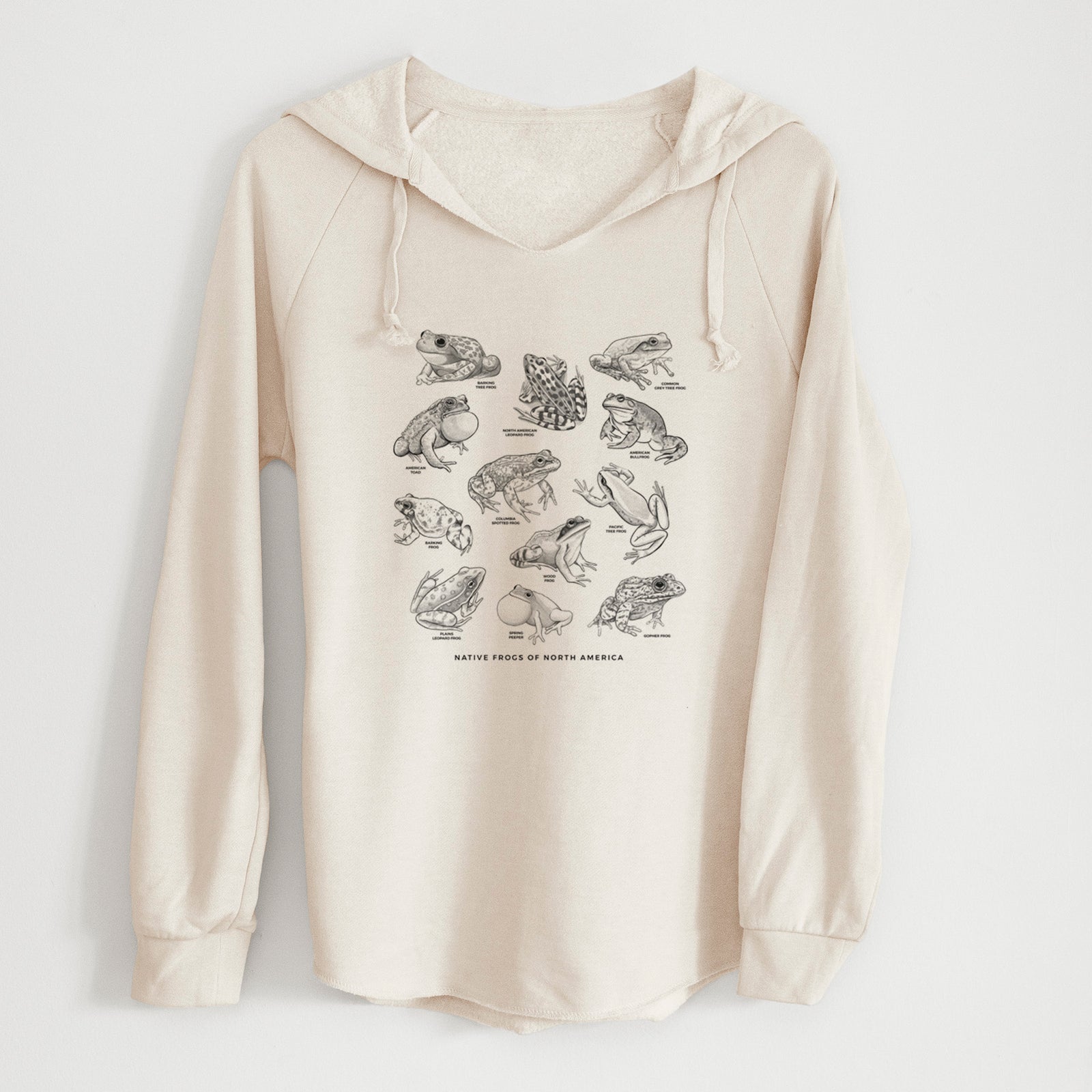 Bone cream women's Cali Wave hooded sweatshirt laid flat, printed with a chart of black ink illustrations of North American frog species.
