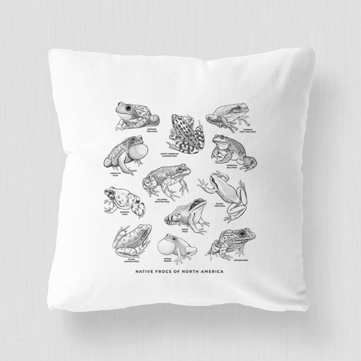 White pillow cover printed with a chart of black ink illustrations of North American frog species.