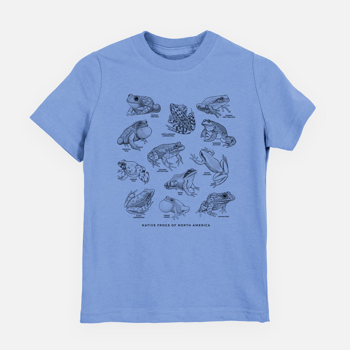 Carolina blue youth t-shirt laid flat, printed with a chart of black ink illustrations of North American frog species.
