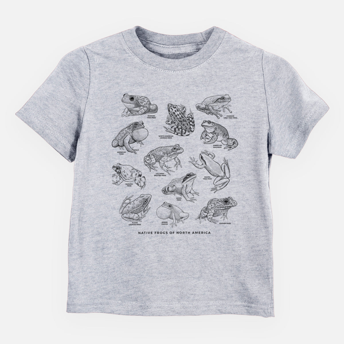 Heather grey toddler t-shirt laid flat, printed with a chart of black ink illustrations of North American frog species.