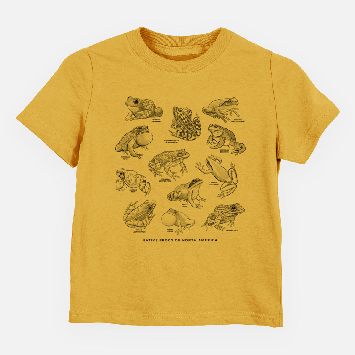 Honeycomb yellow toddler t-shirt laid flat, printed with a chart of black ink illustrations of North American frog species.