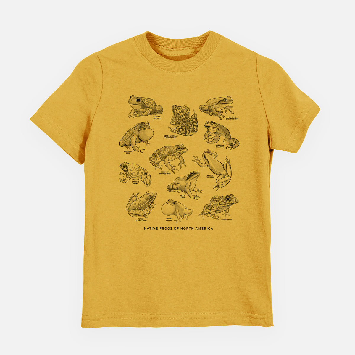 Honeycomb yellow youth t-shirt laid flat, printed with a chart of black ink illustrations of North American frog species.