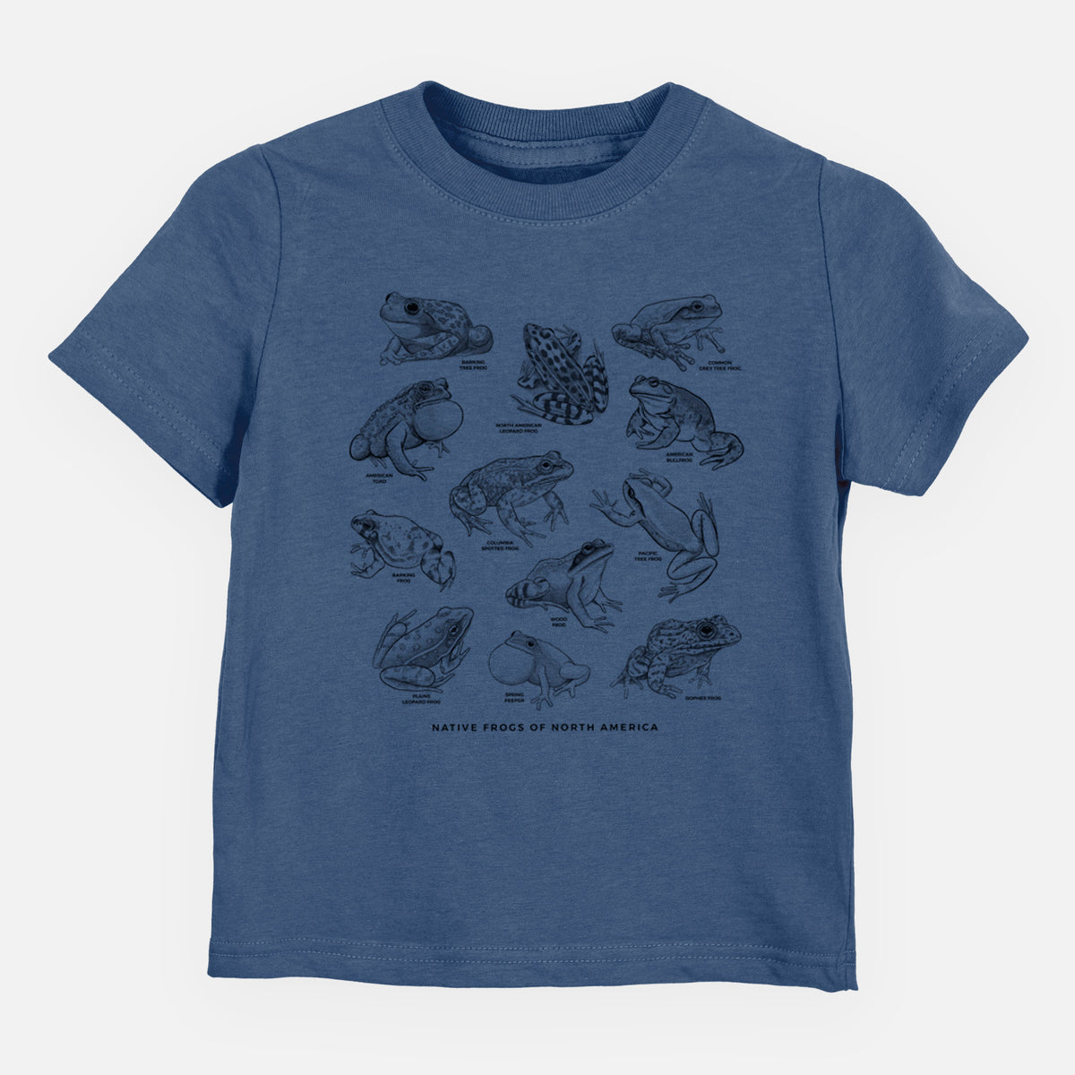 Indigo blue toddler t-shirt laid flat, printed with a chart of black ink illustrations of North American frog species.