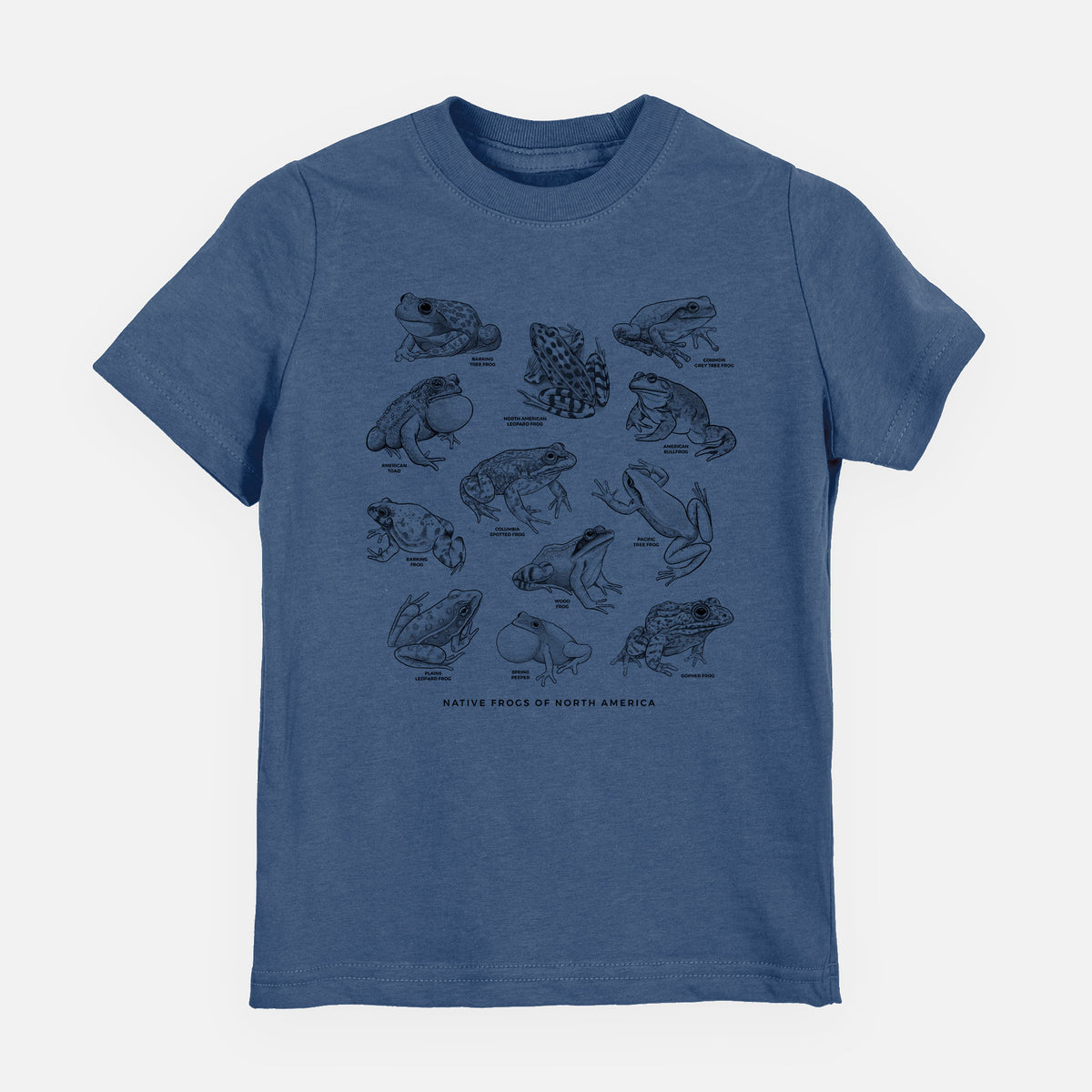 Indigo blue youth t-shirt laid flat, printed with a chart of black ink illustrations of North American frog species.