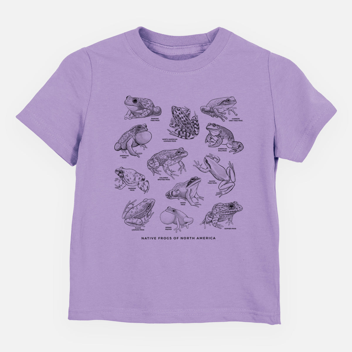 Lavender toddler t-shirt laid flat, printed with a chart of black ink illustrations of North American frog species.