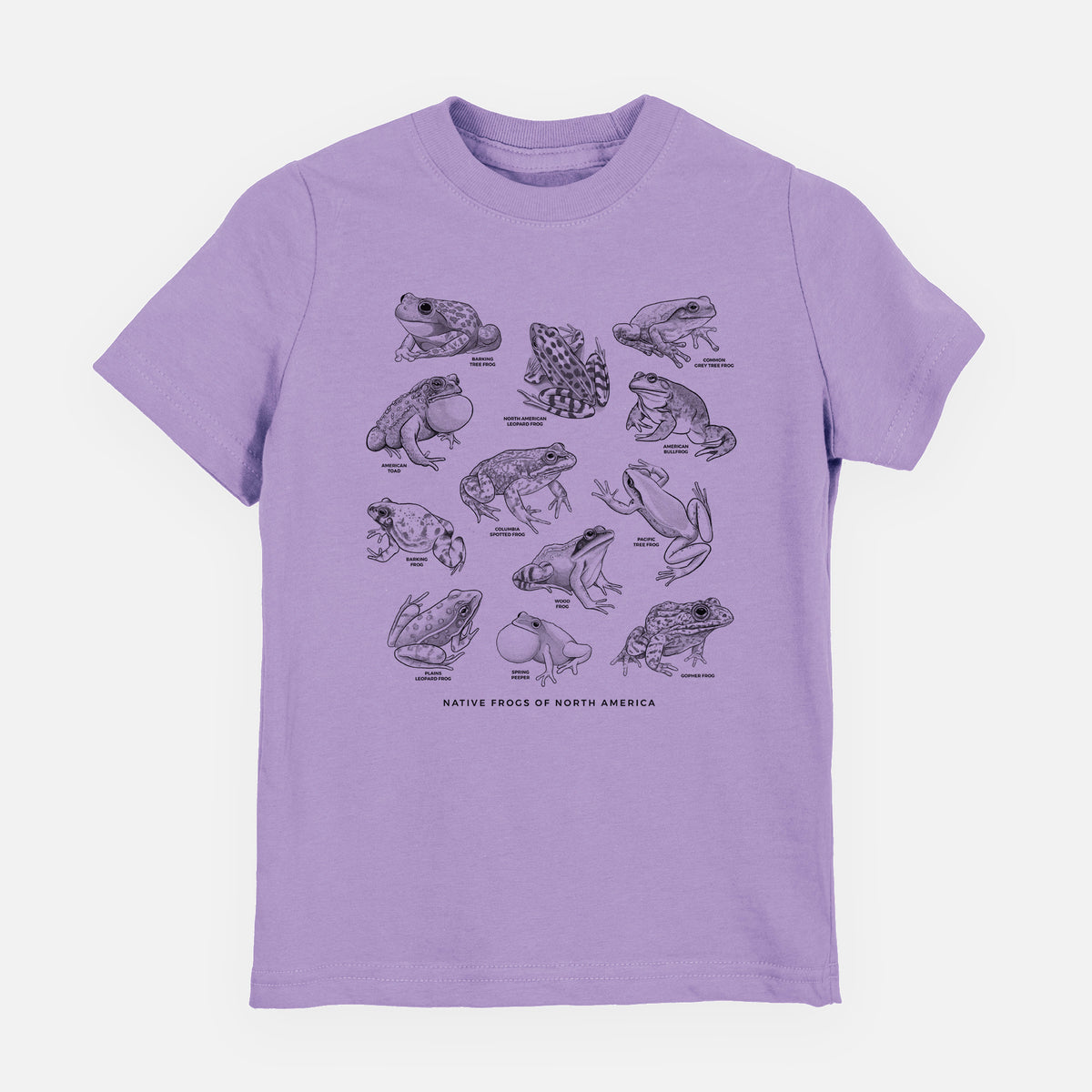 Lavender youth t-shirt laid flat, printed with a chart of black ink illustrations of North American frog species.