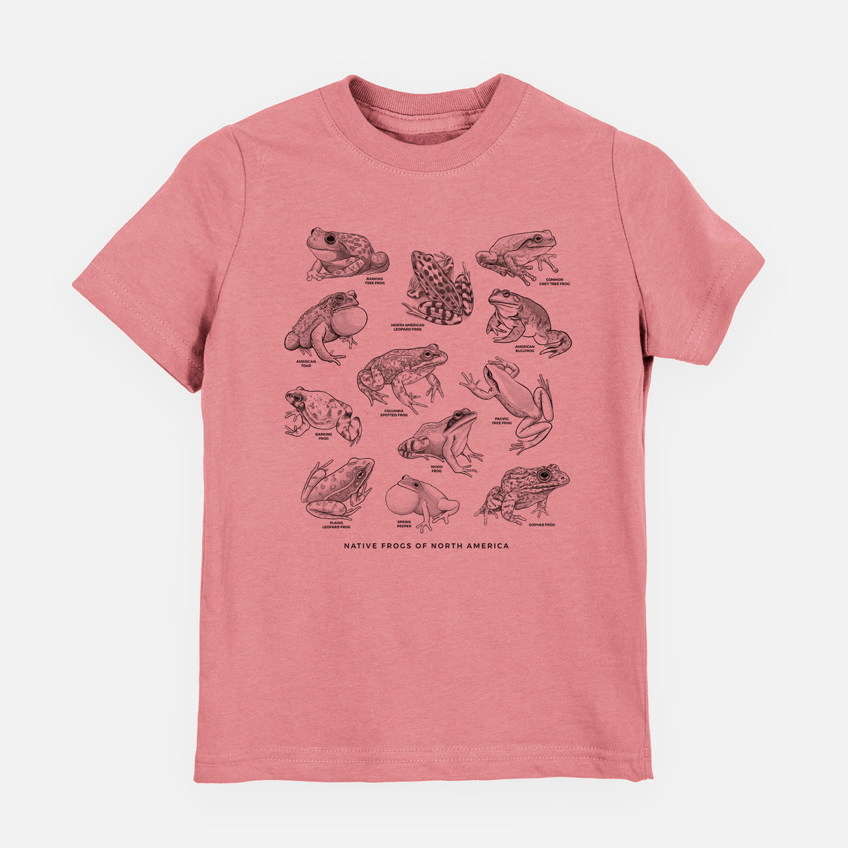 Mauve pink youth t-shirt laid flat, printed with a chart of black ink illustrations of North American frog species.